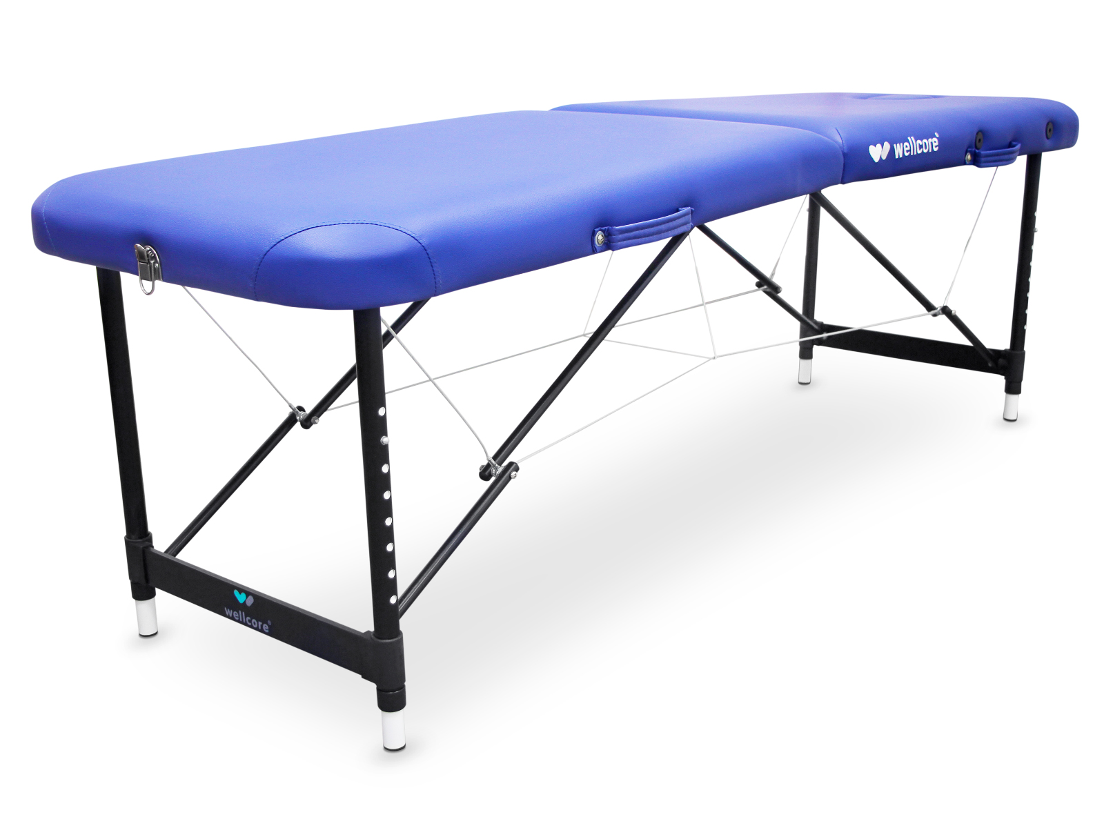 Una camilla azul con estructura de metal negro sobre fondo blanco. La mesa tiene asas y la marca 'wellcare'.