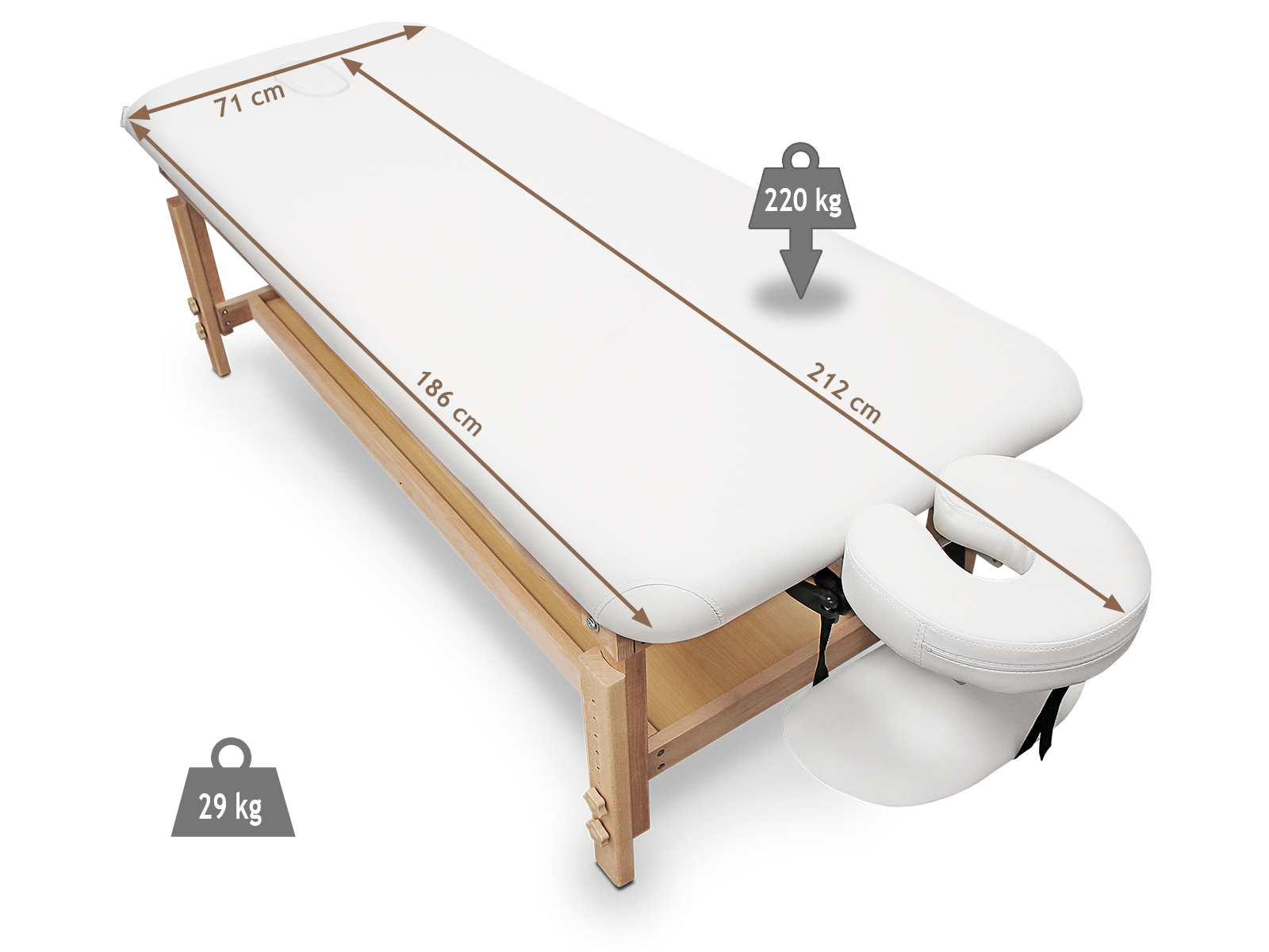 Mesa de masaje sobre fondo blanco. Superficie blanca, marco de madera y reposacabezas. Medidas y etiquetas de peso visibles.