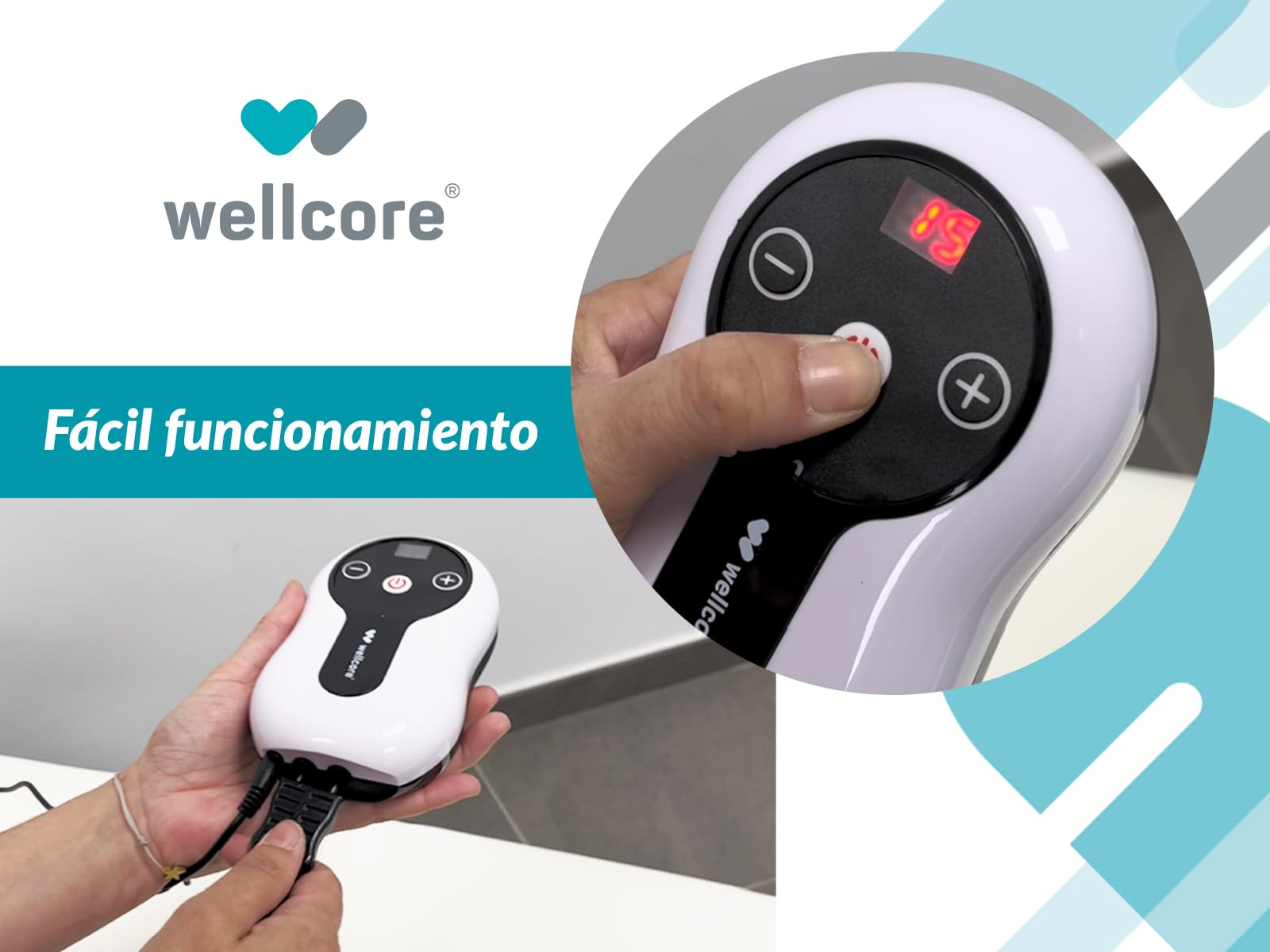 Una persona usa un dispositivo blanco y negro con botones y una pantalla roja. El dispositivo está etiquetado como 'wellcore' y 'Fácil funcionamiento'.