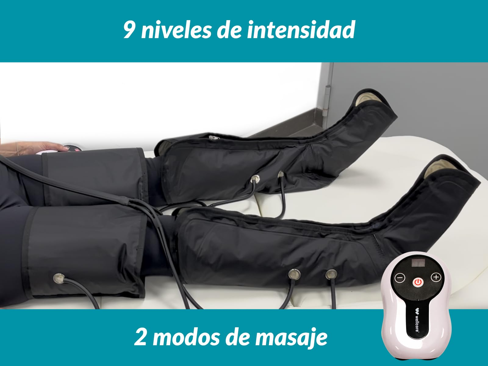 Piernas de una persona en botas de compresión negras. Una unidad de control está a la derecha. El texto dice '9 niveles de intensidad' y '2 modos de masaje'.