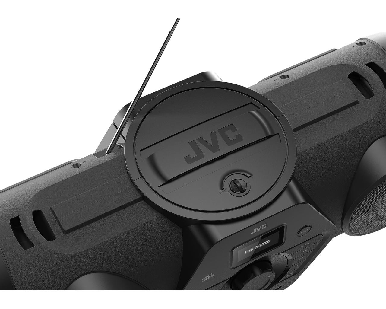 Nahaufnahme eines schwarzen JVC-Radios mit rundem Bedienfeld und Antenne. Die Worte 'DAB RADIO' sind sichtbar.