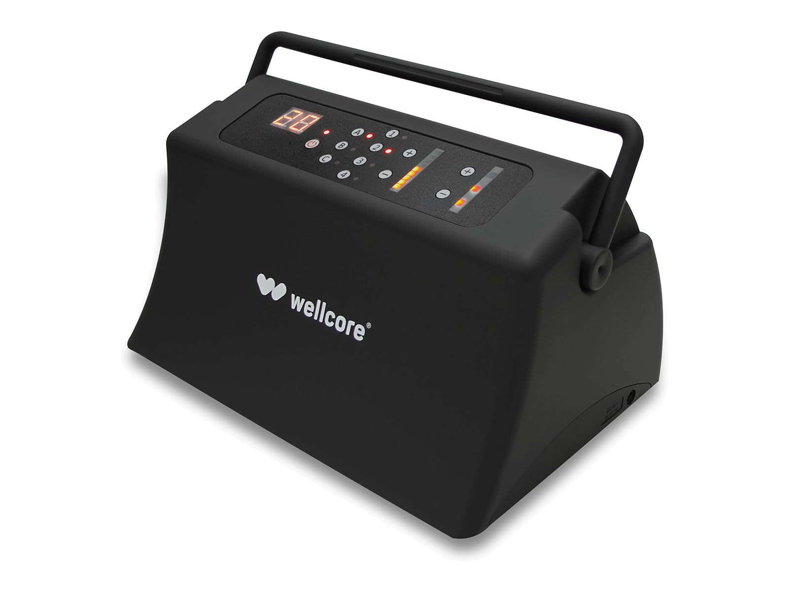 Un dispositivo negro con asa y pantalla digital. El dispositivo tiene botones y la marca 'wellcore'.