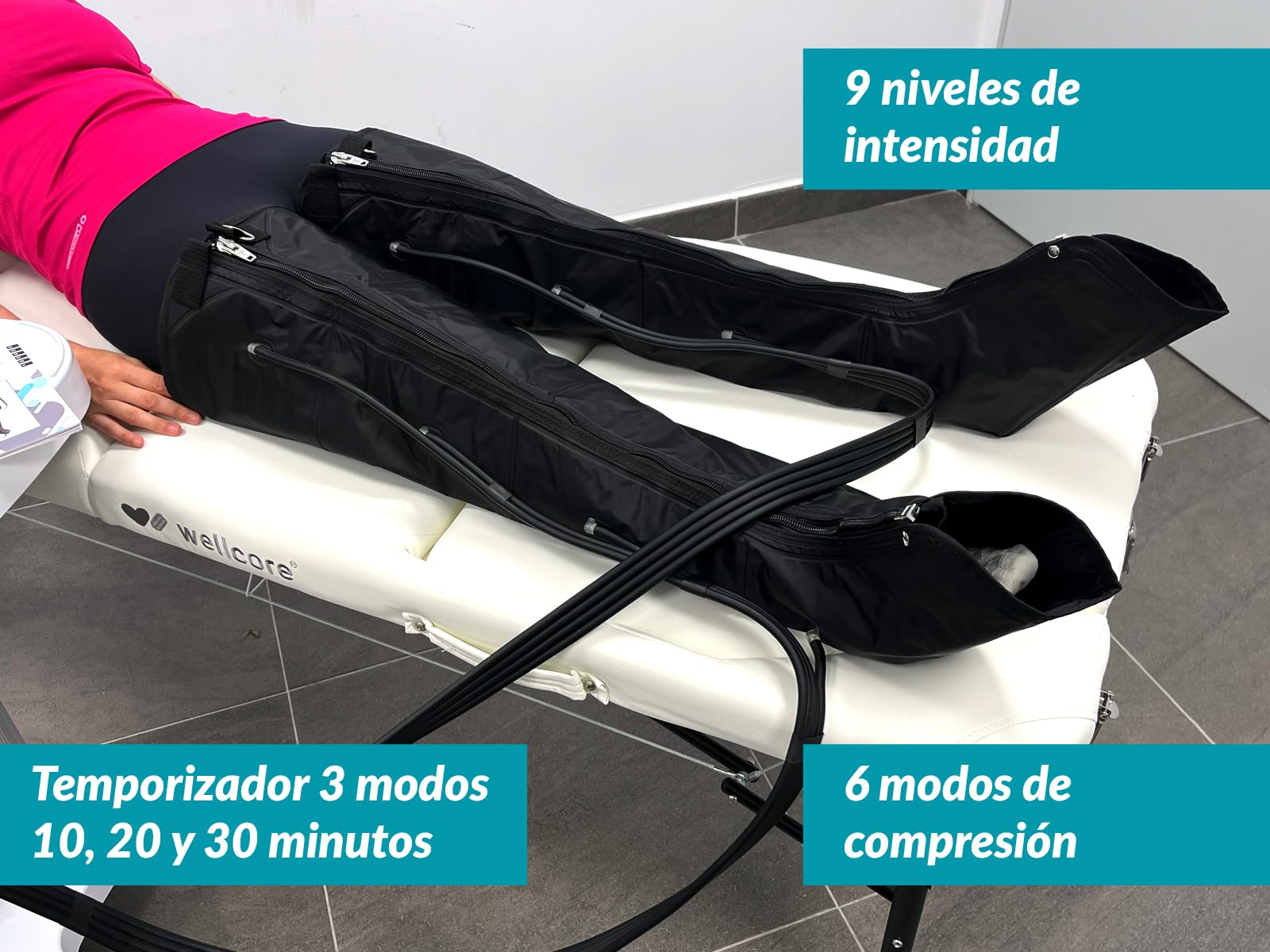 Una persona yace en una cama blanca con mangas de compresión negras para las piernas. El texto indica niveles de intensidad, temporizadores y modos.