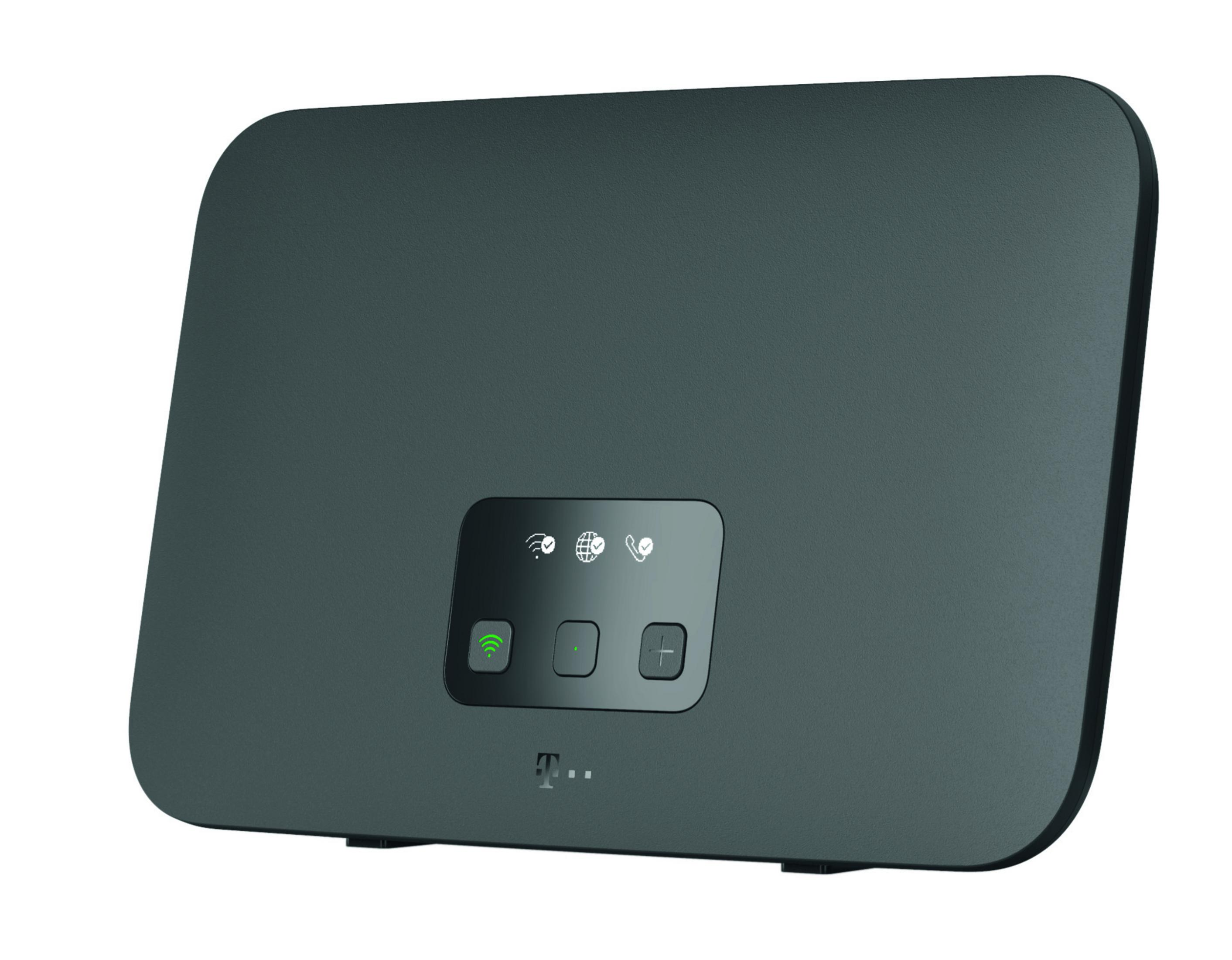 Ein dunkelgraues Modem mit kleinem Bedienfeld und dem T-Mobile-Logo.