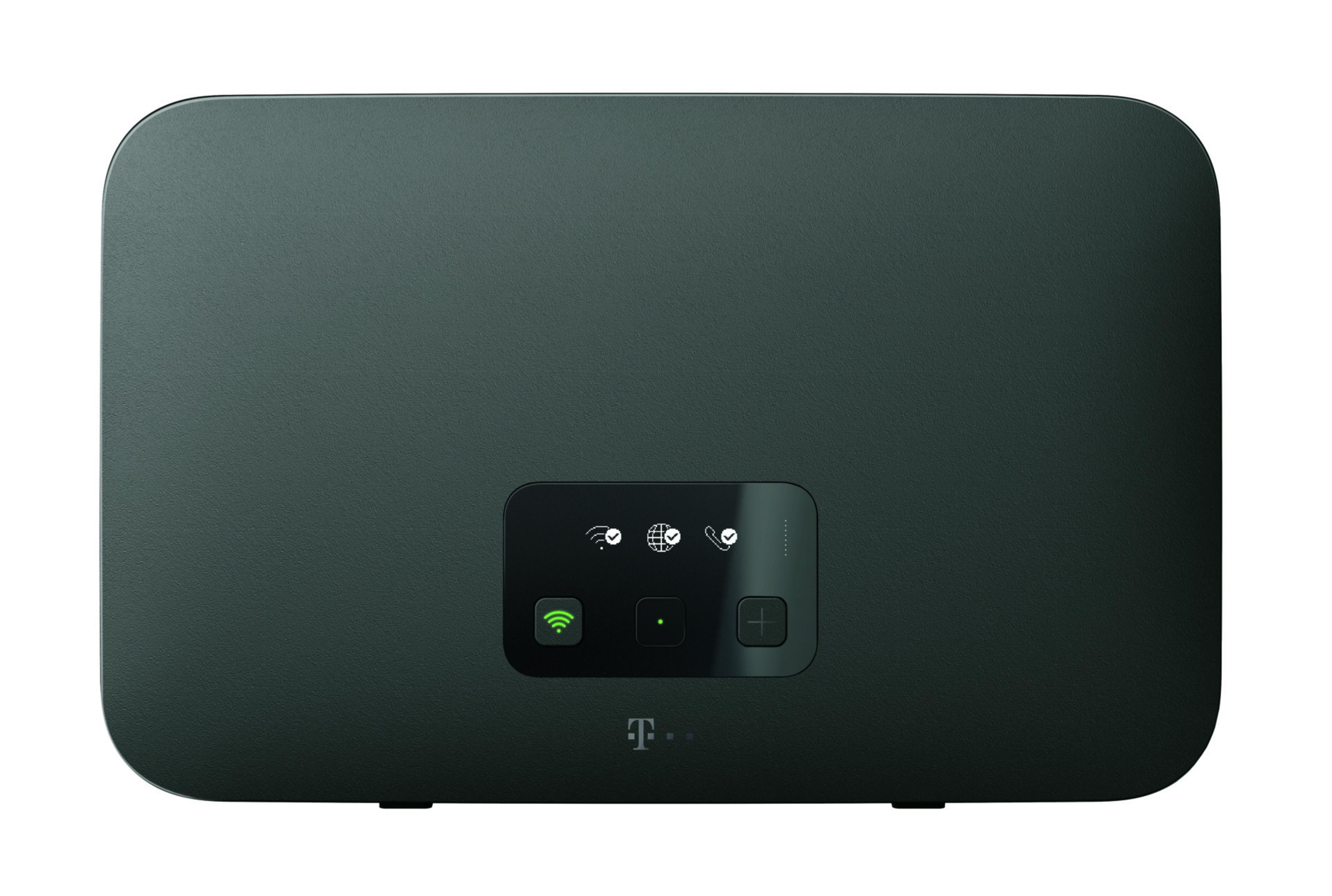 Ein dunkelgrünes Modem mit Bildschirm, leuchtendem grünen WLAN-Symbol. T-Mobile-Logo unten.
