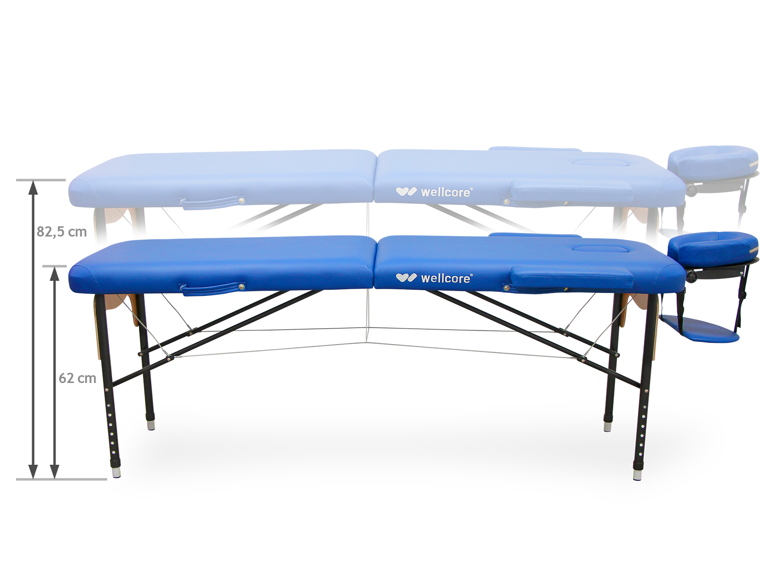 Mesa de masaje azul con altura ajustable, marco negro y reposacabezas. La mesa tiene el logotipo de Wellcore.