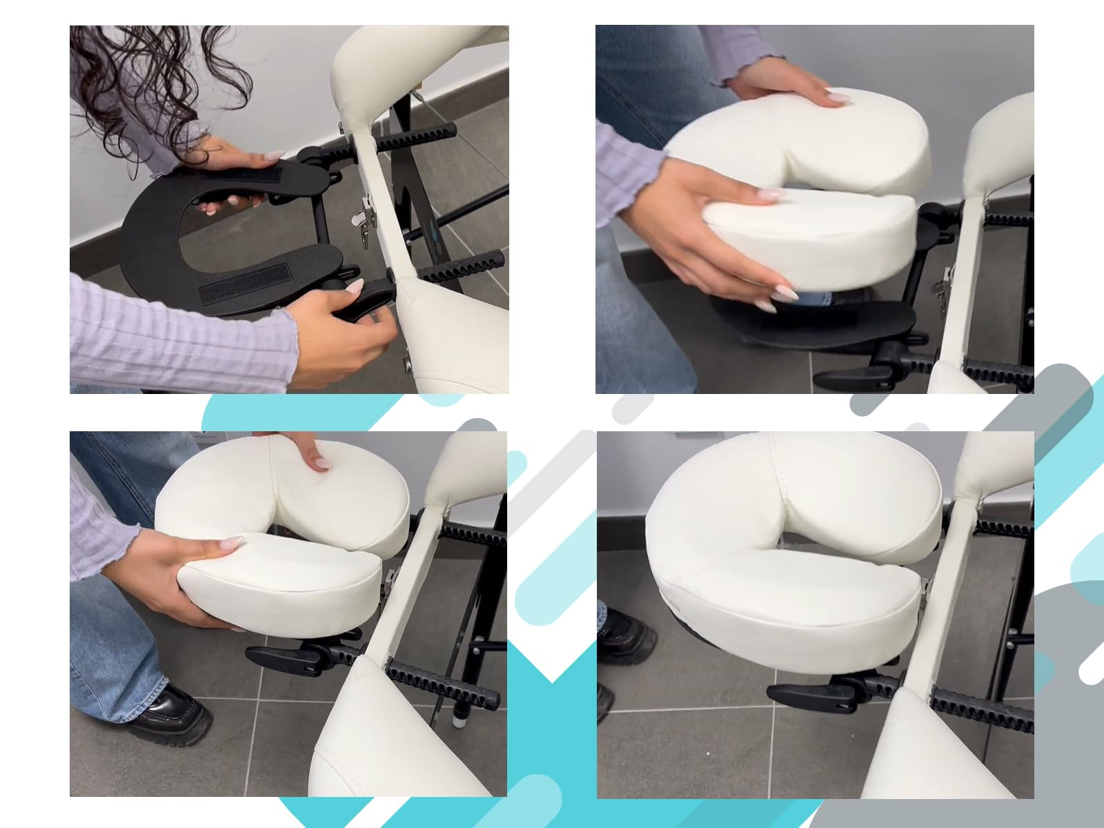 Una persona montando una silla de masaje. La silla tiene cojines blancos y un marco negro. Se ven las manos de la persona.