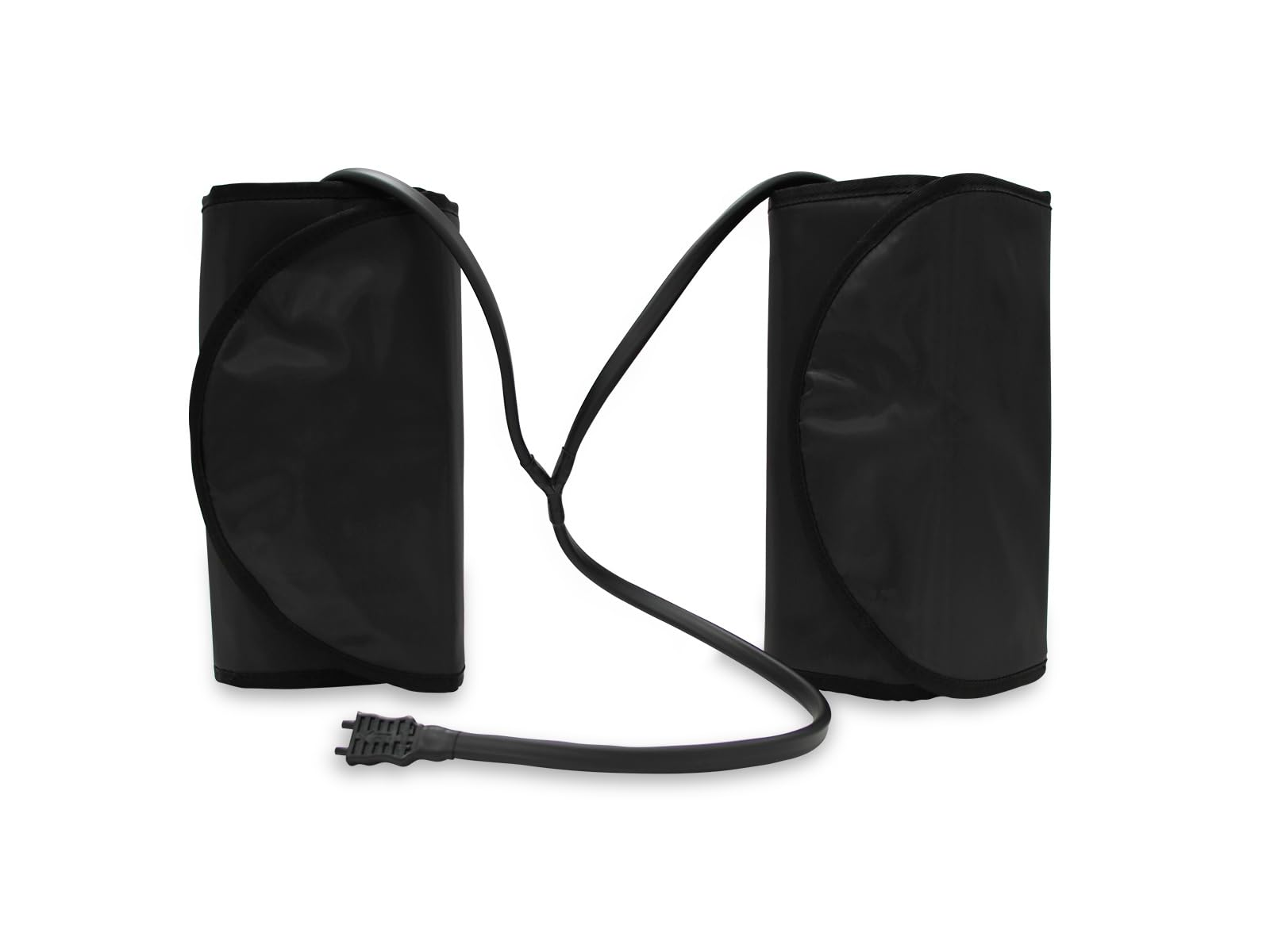 Dos objetos cilíndricos de tela negra conectados por un cable negro con un enchufe sobre un fondo blanco.