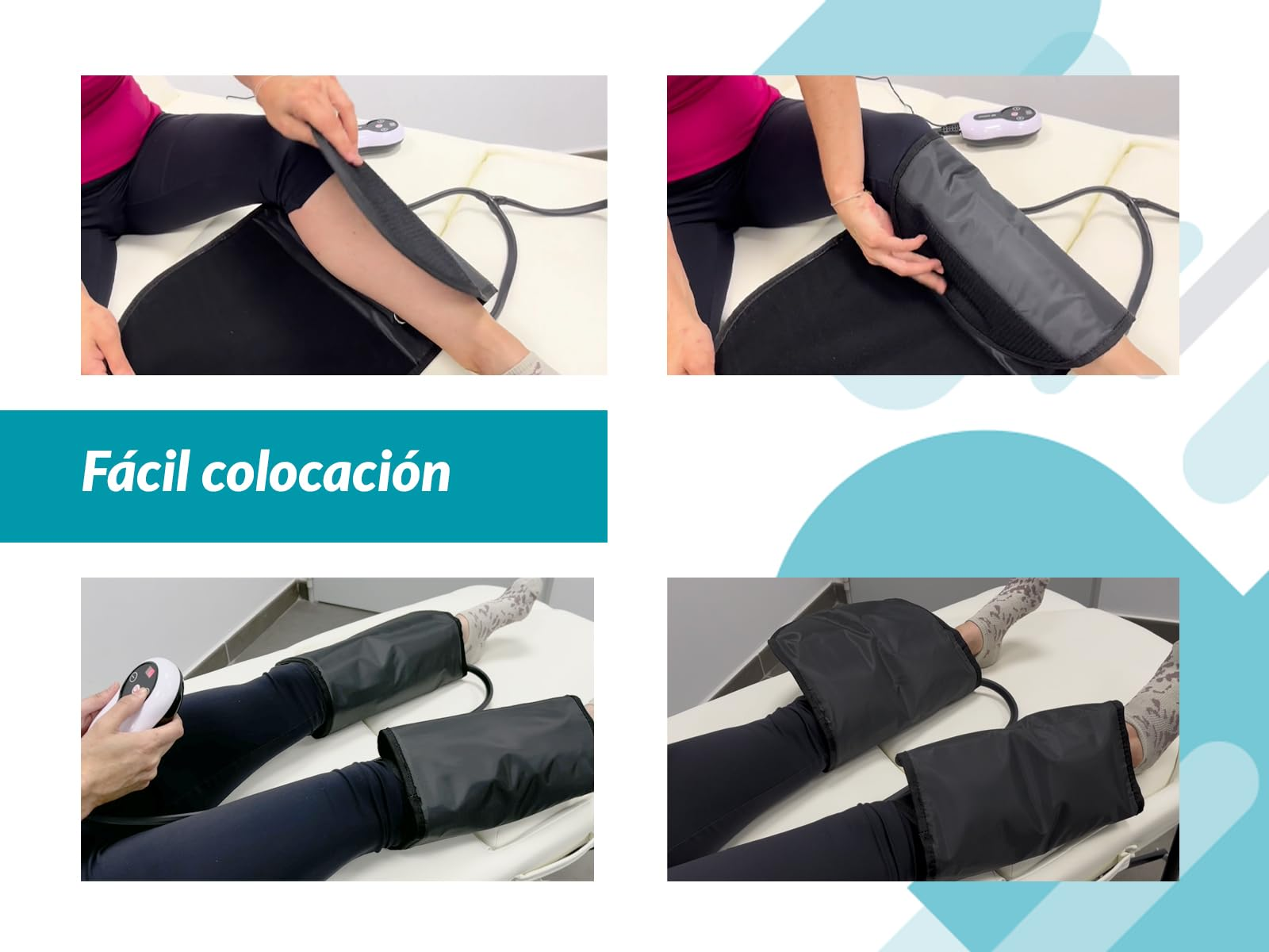 Imágenes muestran a una persona usando un dispositivo de compresión de piernas. El dispositivo es negro y está conectado a una unidad de control. La persona lleva pantalones negros.
