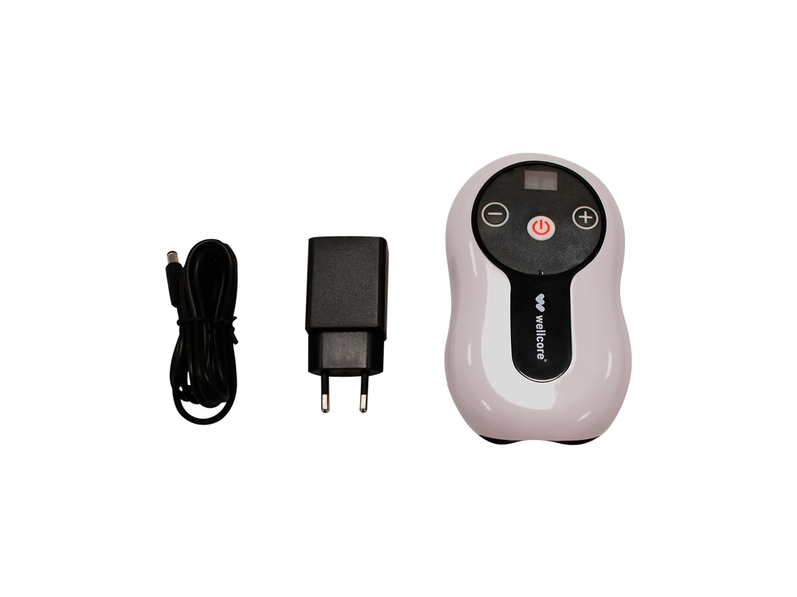 Dispositivo médico con cable de alimentación, adaptador y unidad de carga. El dispositivo es blanco con botones de control. Cable y adaptador negros.