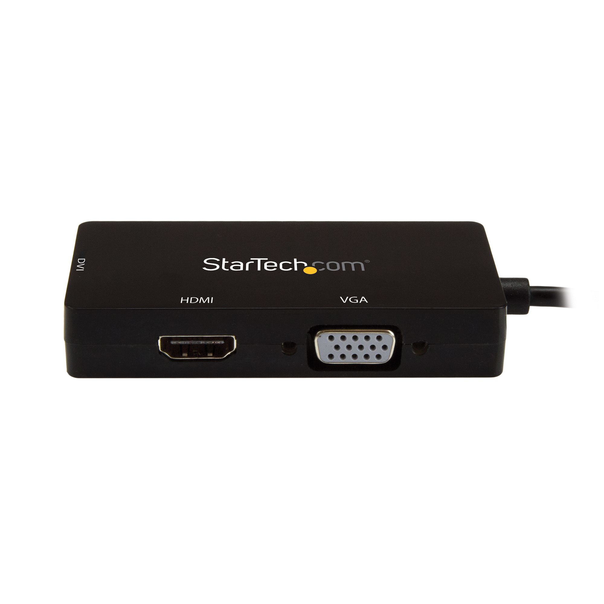 Adaptador StarTech negro con puertos HDMI, VGA y DVI. Fondo blanco. El dispositivo tiene un cable adjunto.