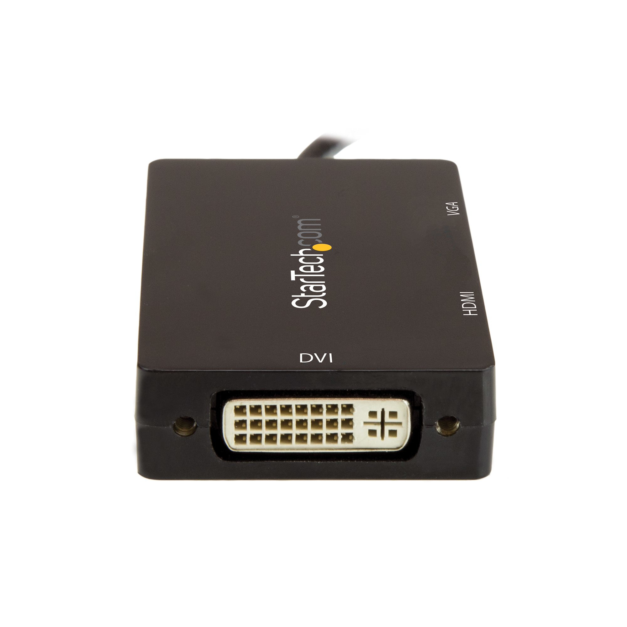 Un adaptador negro StarTech de DVI a HDMI y VGA. Tiene múltiples puertos y un cable que se extiende desde la parte superior.