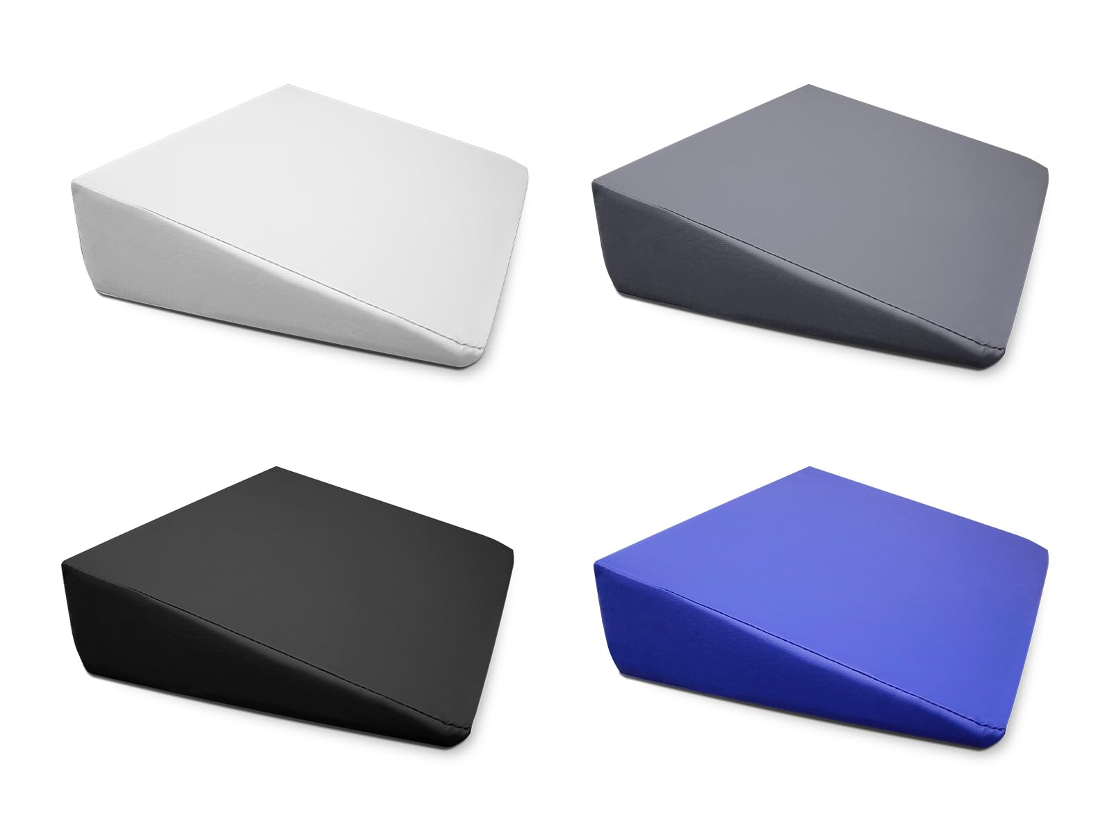 Cuatro almohadas en ángulo en blanco, gris, negro y azul. Cada una tiene forma de cuña sobre fondo blanco.