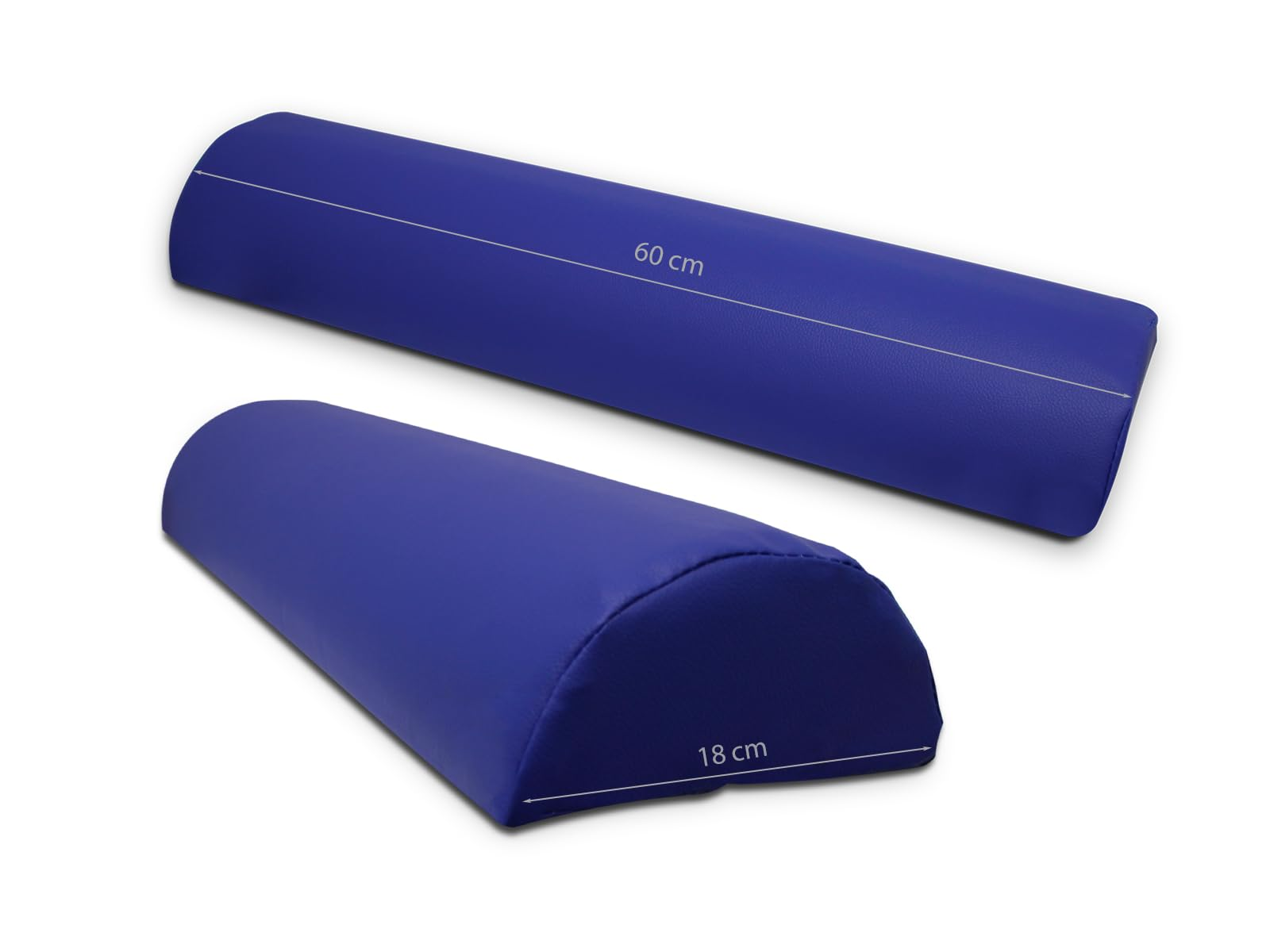Se muestran dos cojines azules en forma de medio cilindro. Uno está etiquetado con 60 cm, el otro con 18 cm. Ambos sobre fondo blanco.