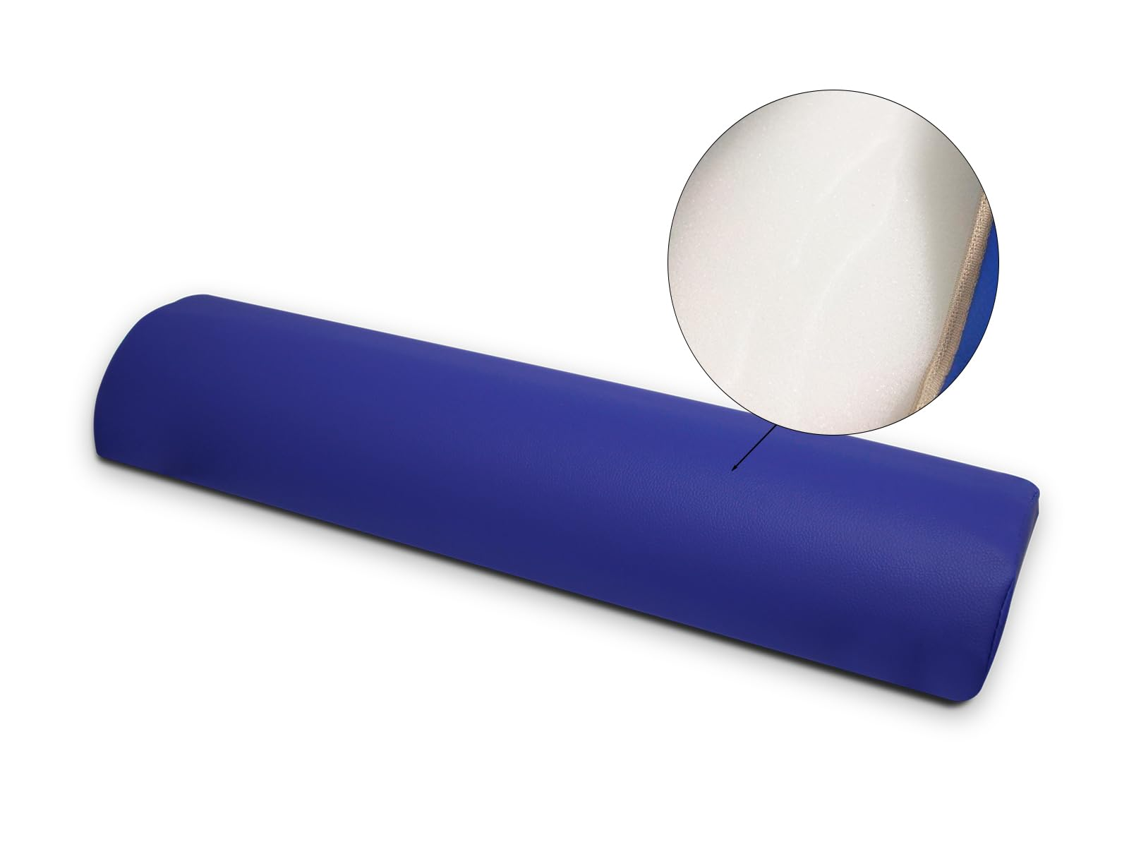 Un cojín cilíndrico azul con interior blanco visible en un círculo ampliado, sobre fondo blanco.