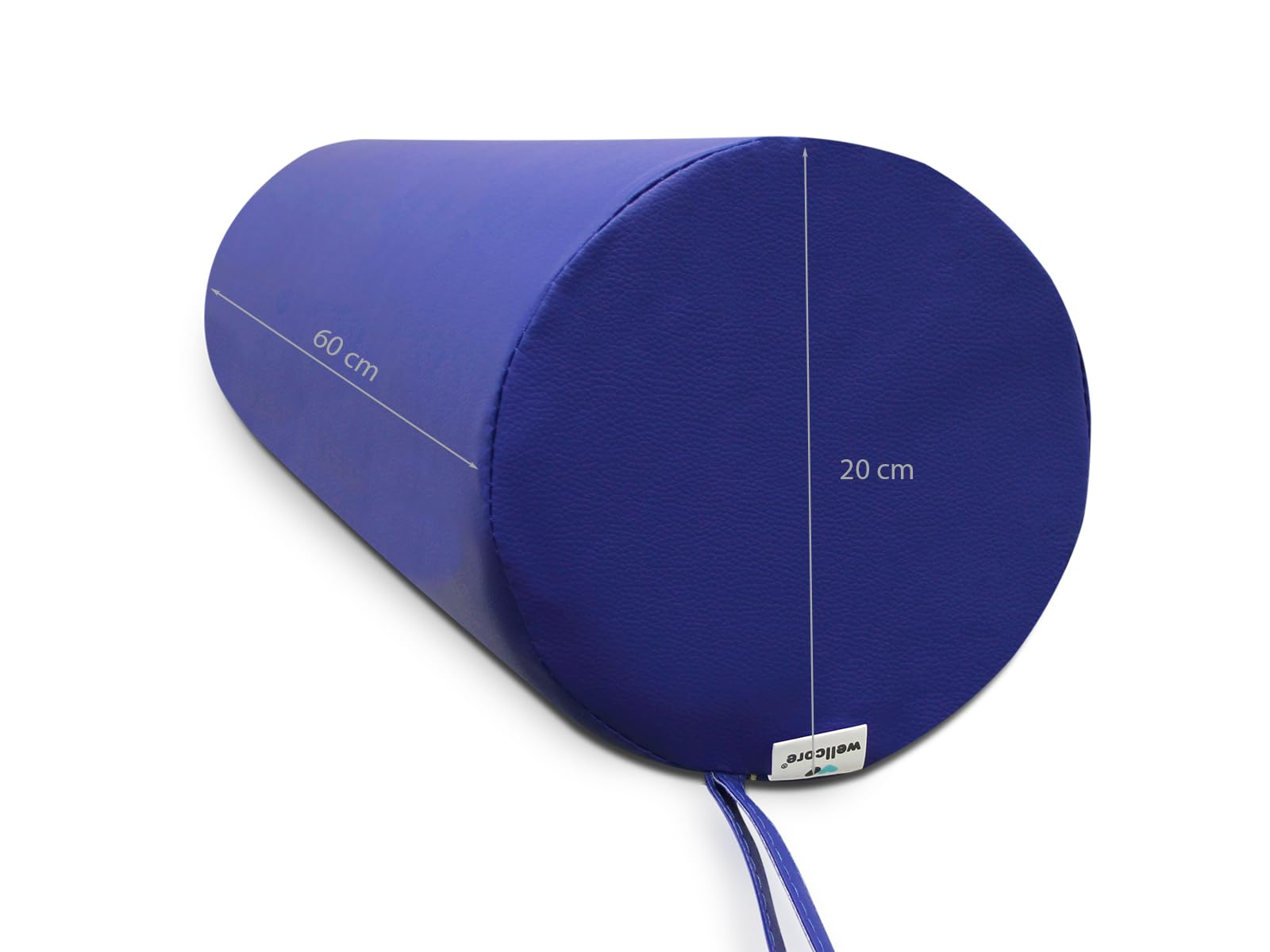 Un cojín cilíndrico azul con dimensiones: 60 cm de largo, 20 cm de diámetro. Tiene una etiqueta wellcare y una cuerda.