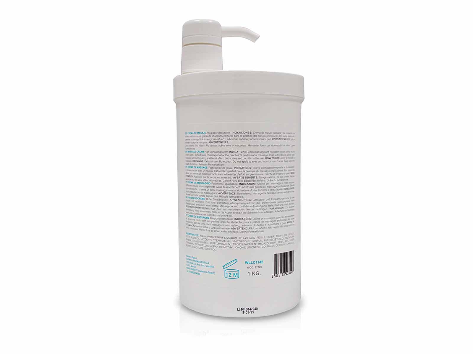 Botella blanca de crema de masaje con dispensador de bomba, etiqueta de texto y detalles del producto.