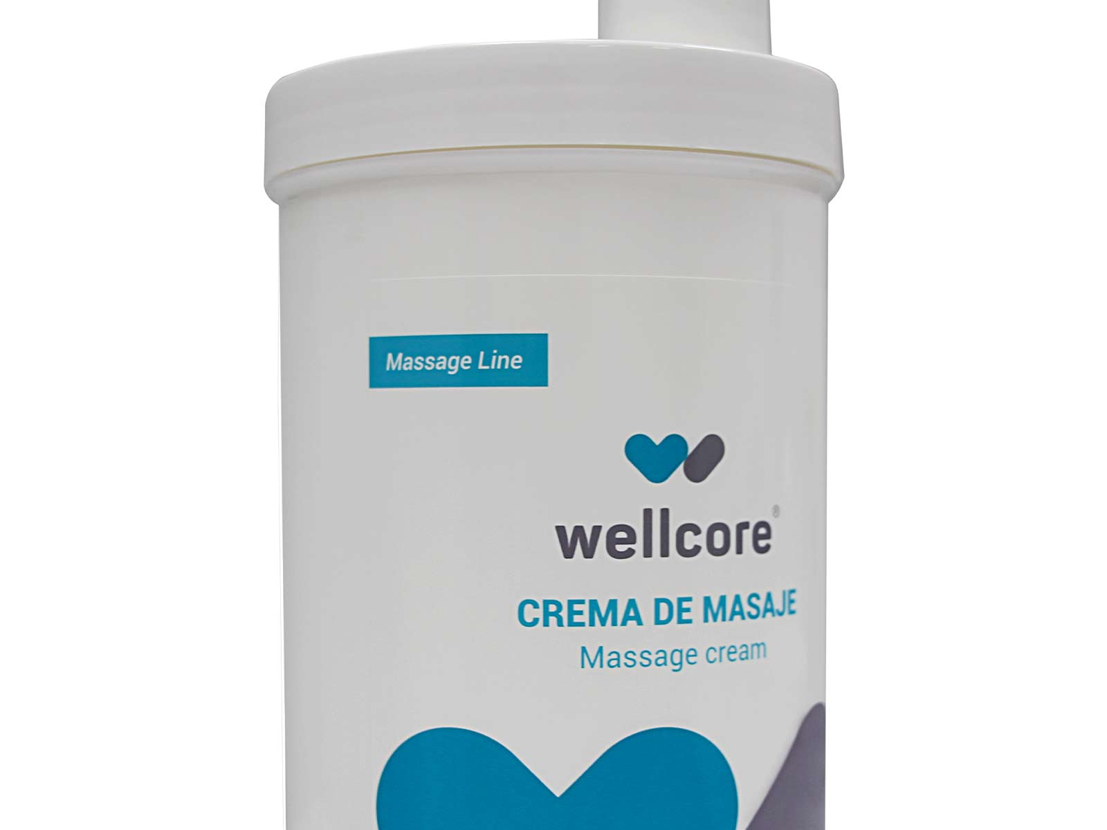 Una botella blanca de crema de masaje wellcore con detalles en azul y texto. La parte superior tiene una tapa. Dice Massage Line y Crema de Masaje.