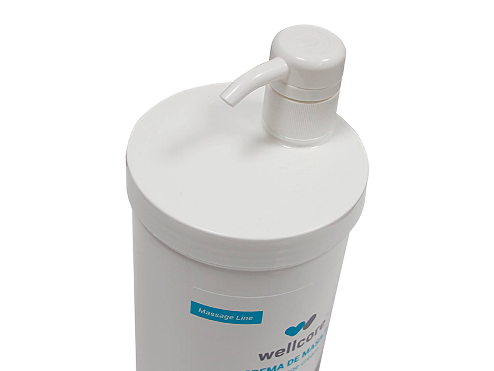 Un frasco blanco de crema con dispensador de bomba. La etiqueta dice Massage Line y Wellcore. Aislado sobre blanco.