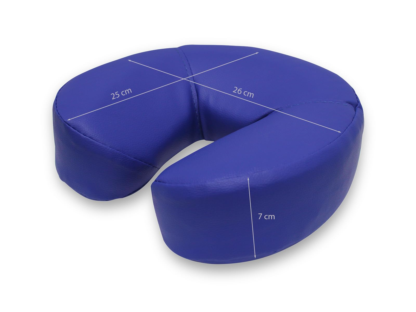 Una almohada de masaje azul en forma de U. Dimensiones etiquetadas: 25 cm, 26 cm y 7 cm. Fondo blanco.