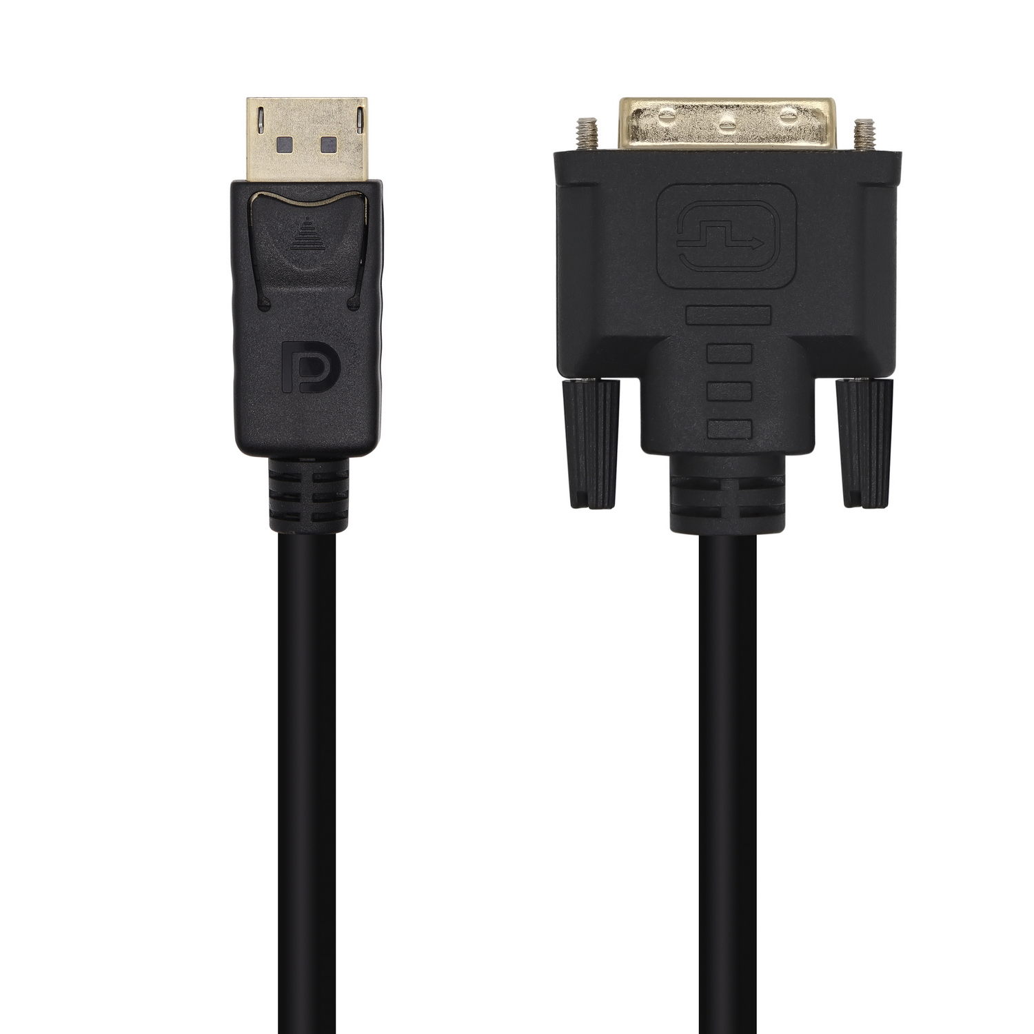Due cavi neri con connettori diversi. Uno è DisplayPort, l'altro DVI. Entrambi su sfondo bianco.