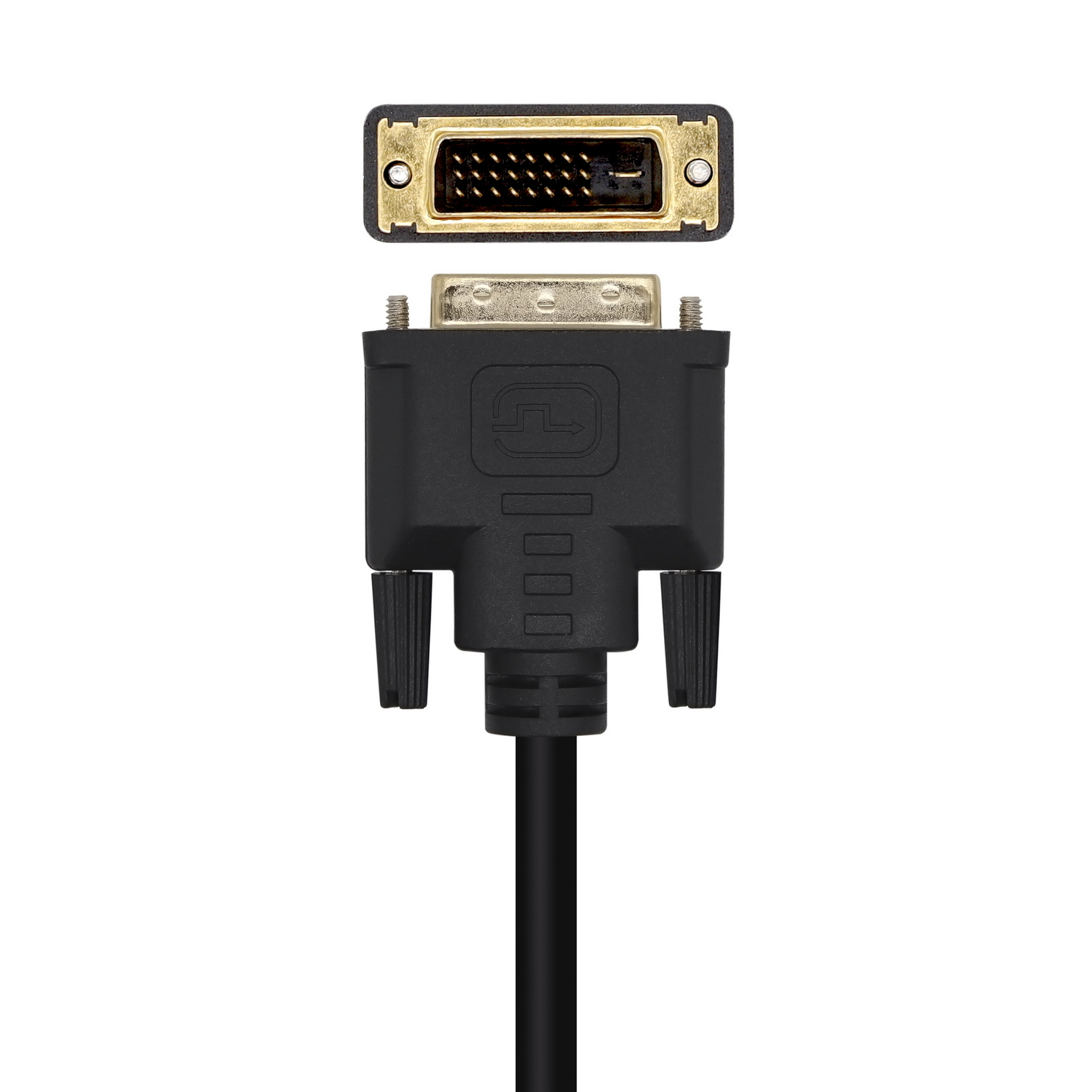 Un cavo DVI con connettori neri e un cavo nero. I connettori sono dorati con molti pin. Sfondo bianco.