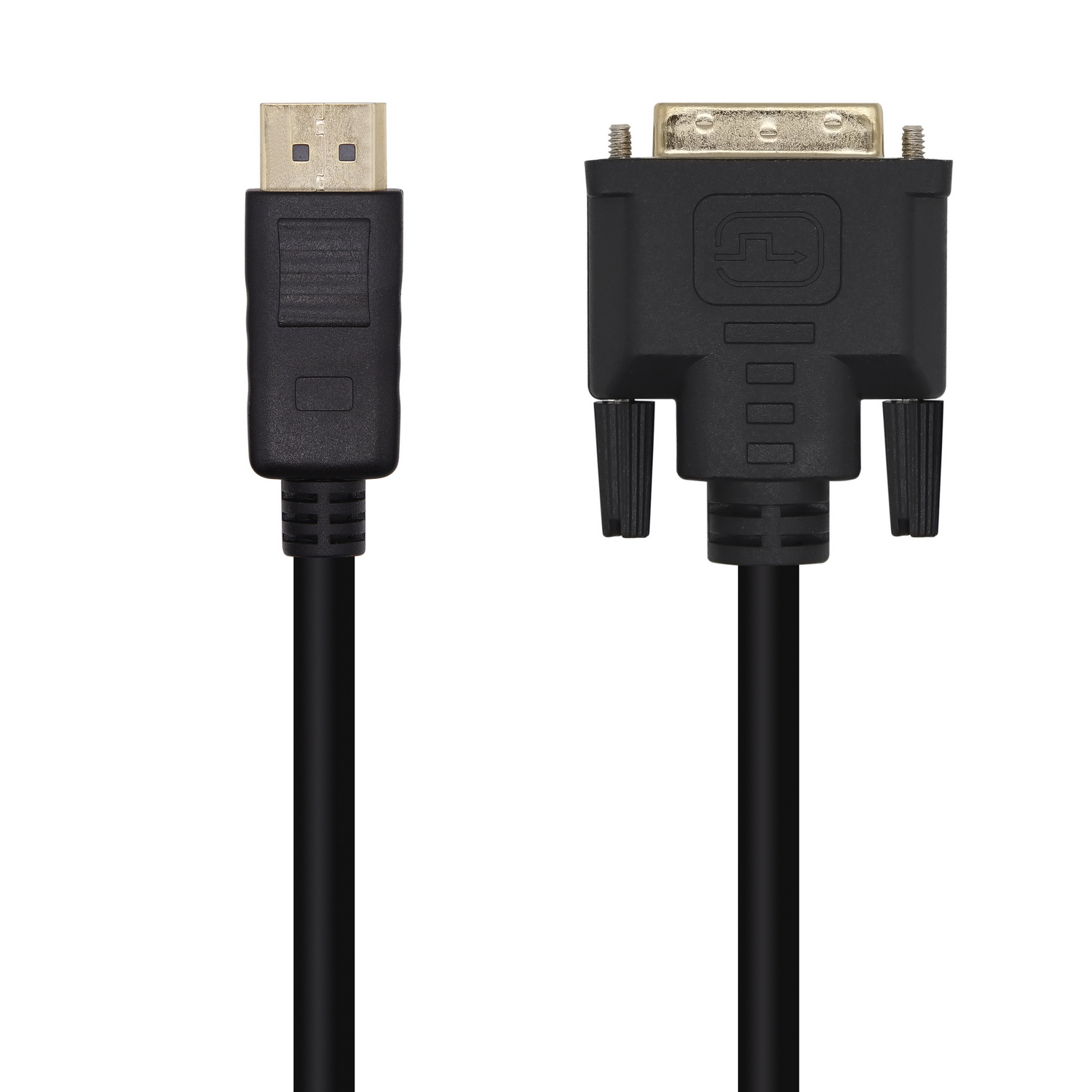 Due cavi neri con diversi connettori. Uno ha un connettore DisplayPort dorato, l'altro un connettore DVI.