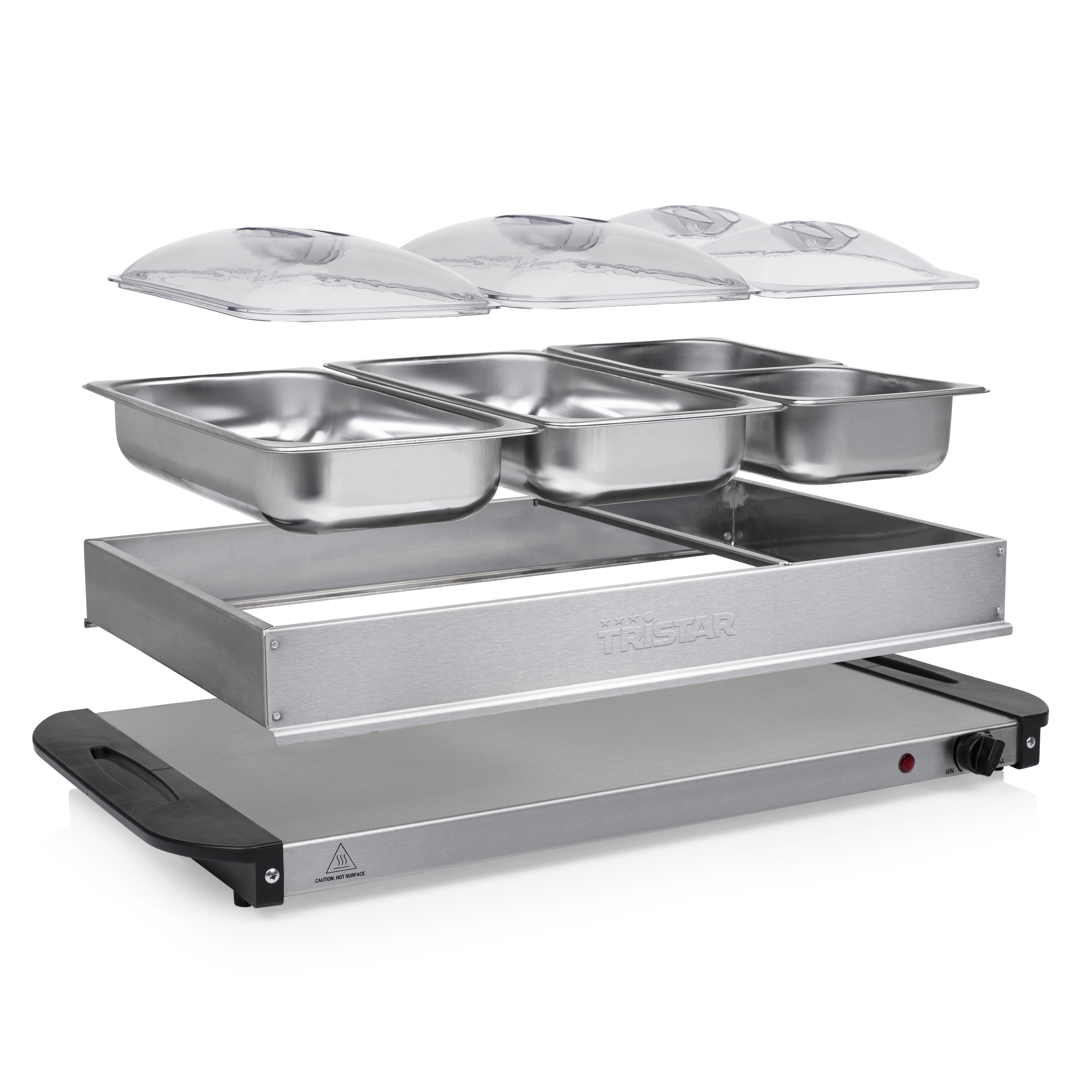 Uno scaldavivande smontato. Ha coperchi trasparenti, vaschette in acciaio inox, un vassoio riscaldante e un manico nero.