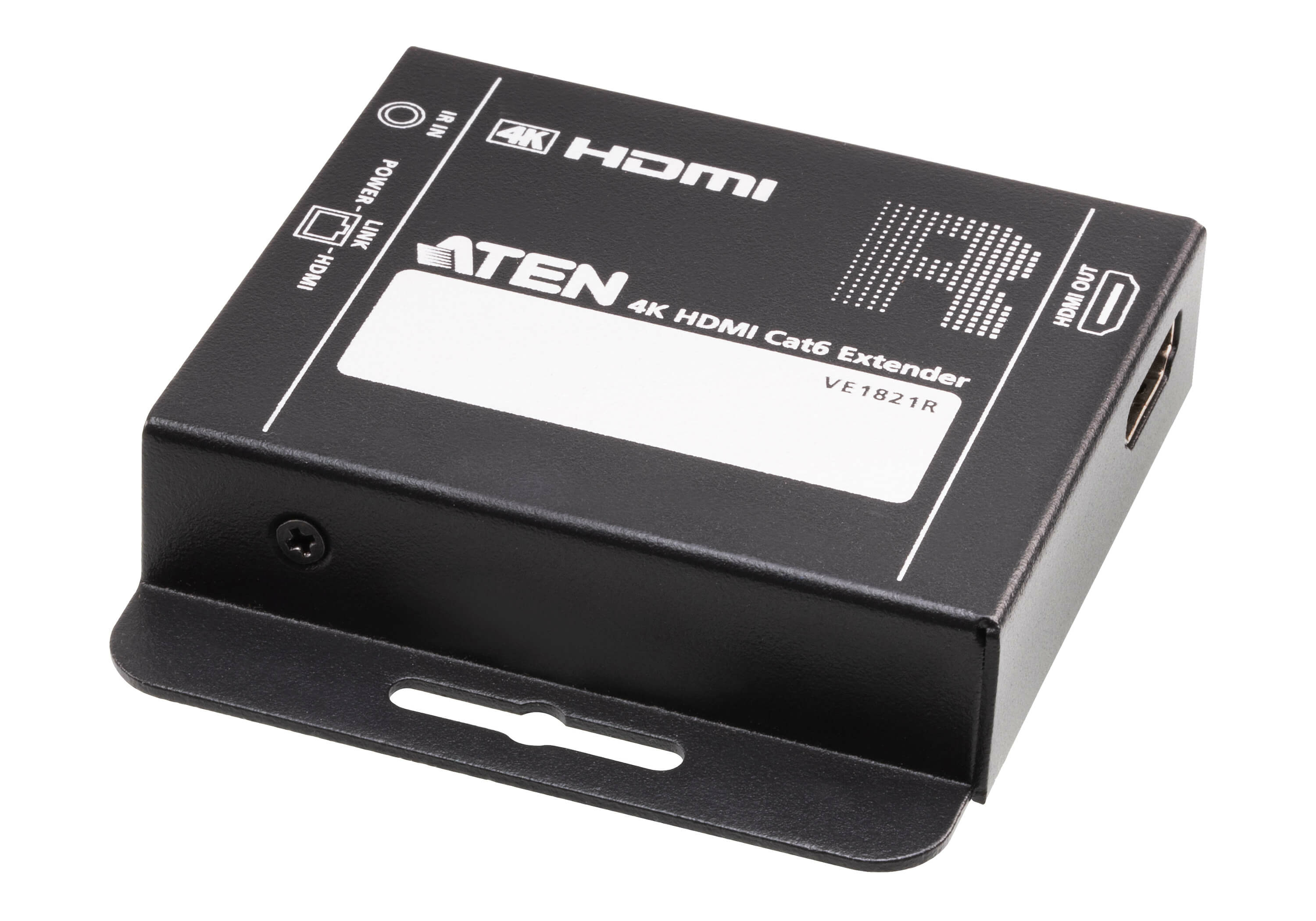 Boîtier d'extension HDMI noir avec texte blanc. Il possède des entrées, des sorties et un support.
