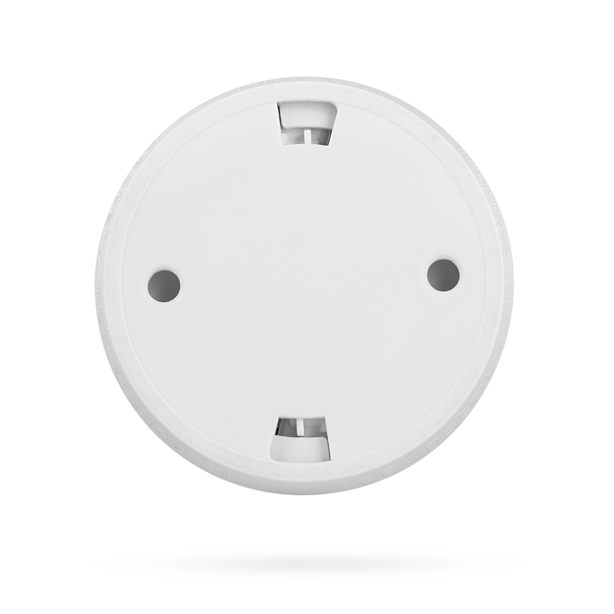 Biała czujka dymu, okrągła z dwoma otworami i dwoma punktami montażowymi. Cień poniżej na białym tle.