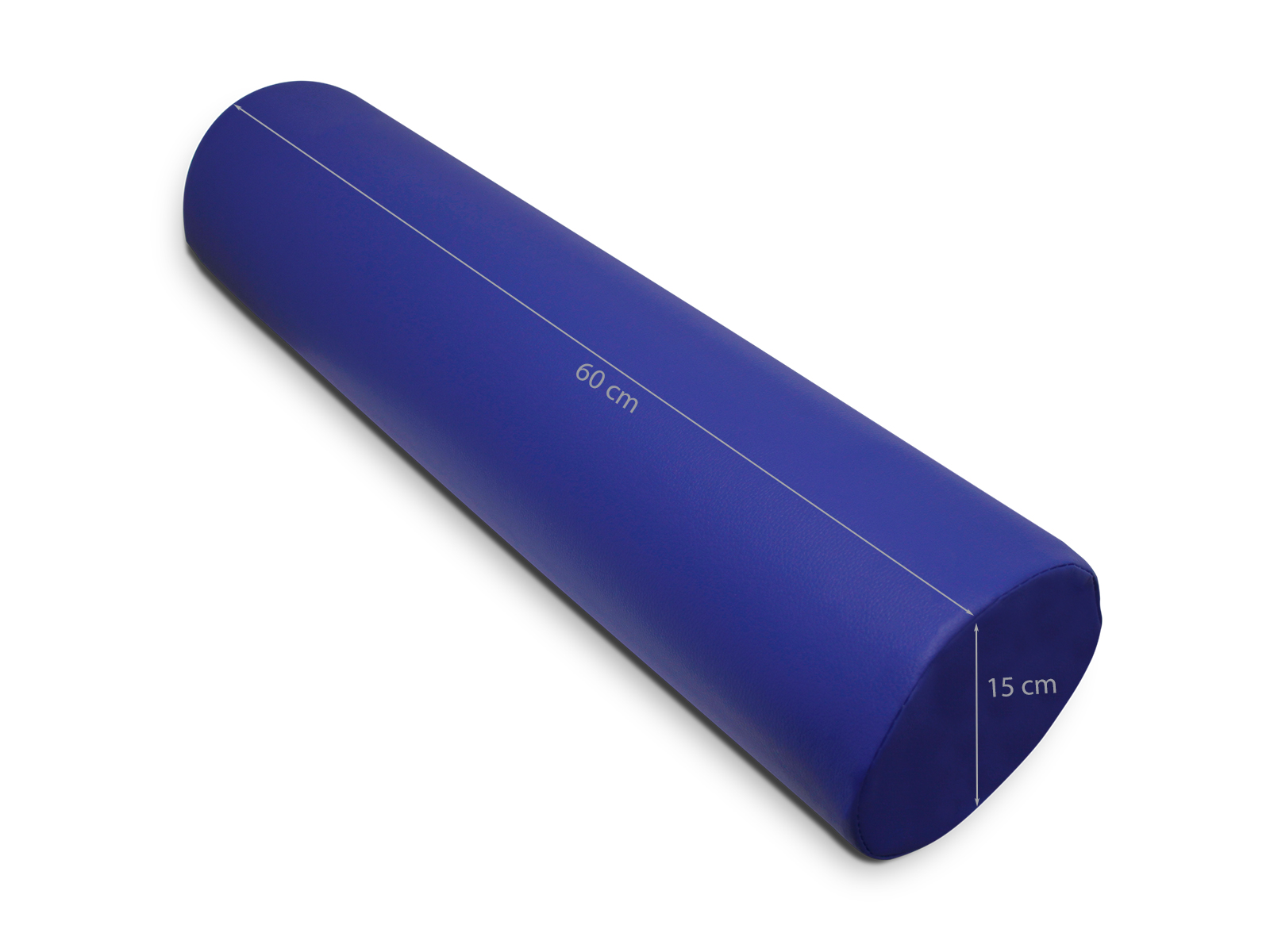 Un cojín cilíndrico azul sobre fondo blanco. Mide 60 cm de largo y 15 cm de diámetro.