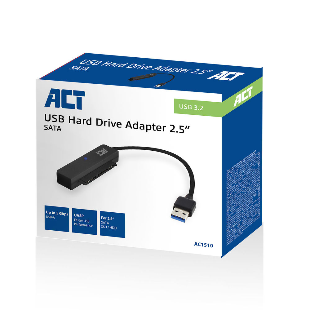 Eine Box mit einem schwarzen USB-Festplattenadapter. Die Box ist weiß und blau, mit Produktdetails und dem 'ACT'-Logo.