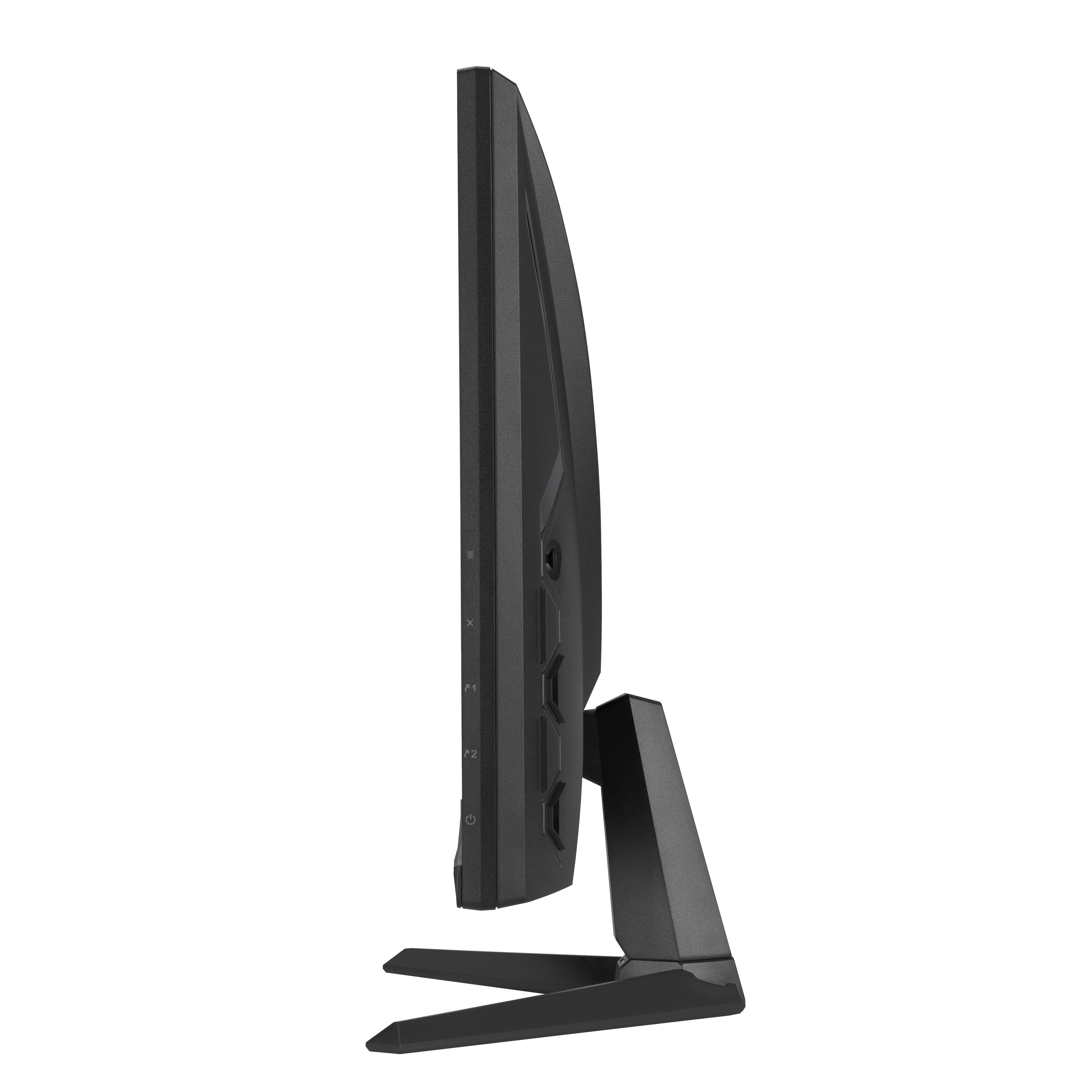 Side view of a black computer monitor. It has a stand, a screen, and buttons on the side. White background.