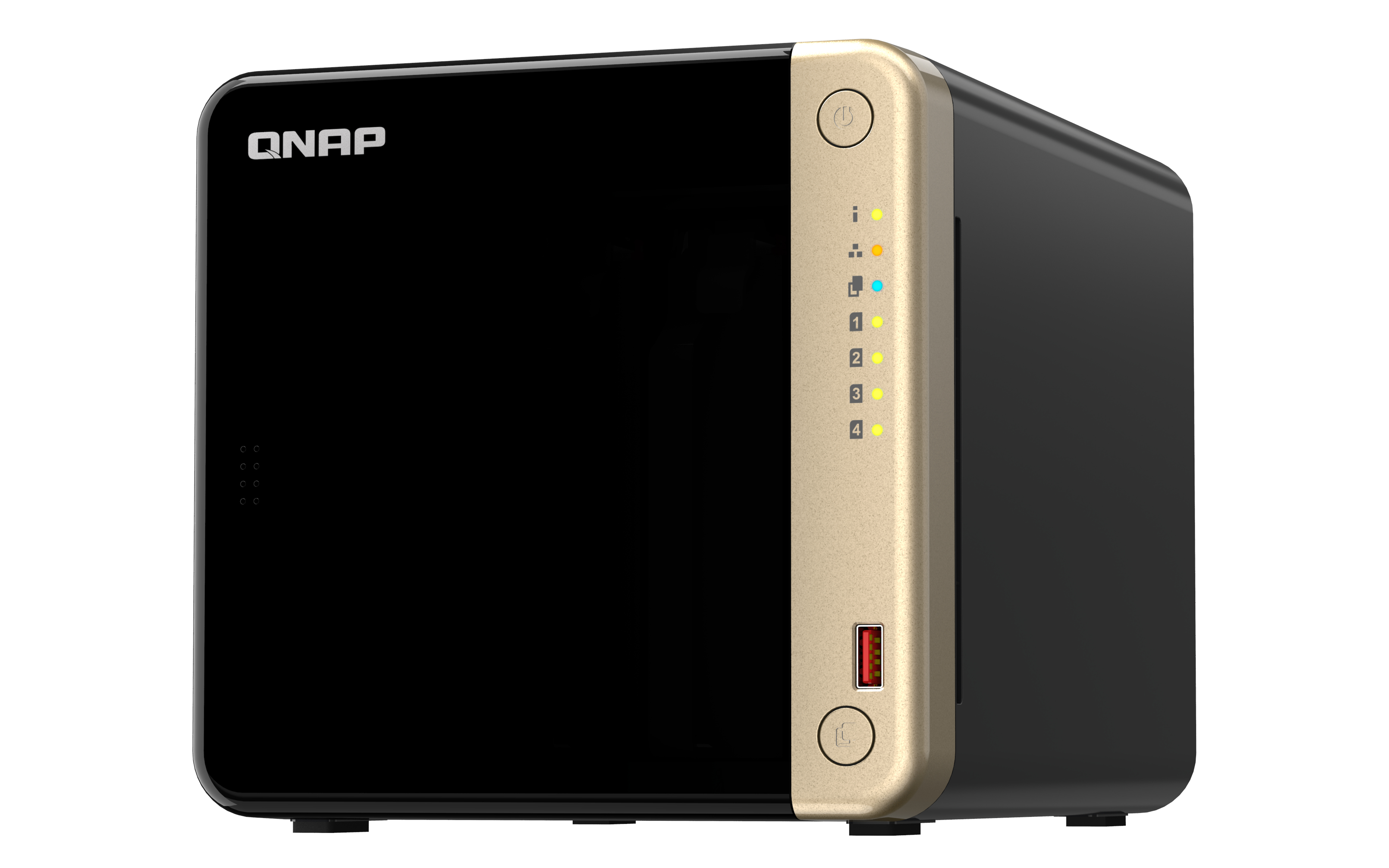 Un appareil NAS QNAP noir et or. Il possède des voyants d'alimentation et d'activité, ainsi qu'un port USB.