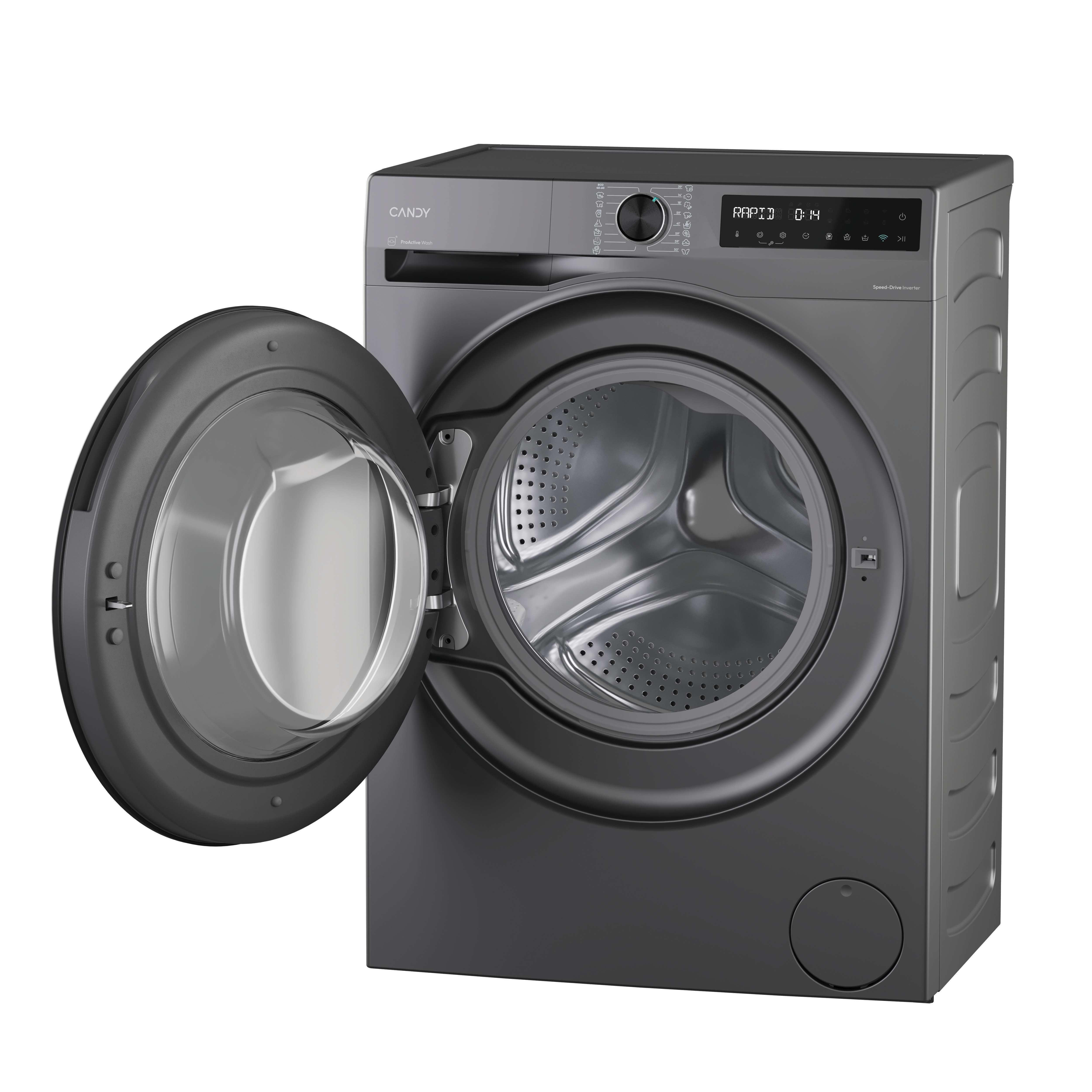 Una lavadora gris Candy con la puerta abierta. La máquina tiene un panel de control y una pantalla que muestra 'RAPID 0:14'.