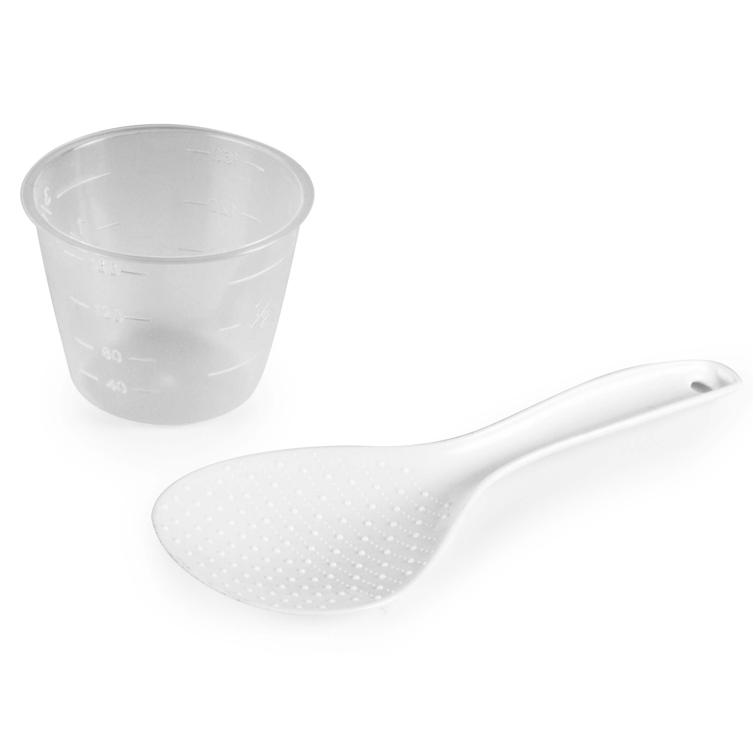 Przezroczysta miarka i biała łopatka do ryżu na białym tle.