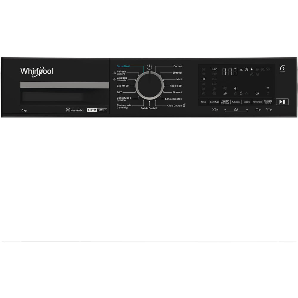 Pannello di controllo nero della lavatrice Whirlpool con varie opzioni di programma e display digitale.