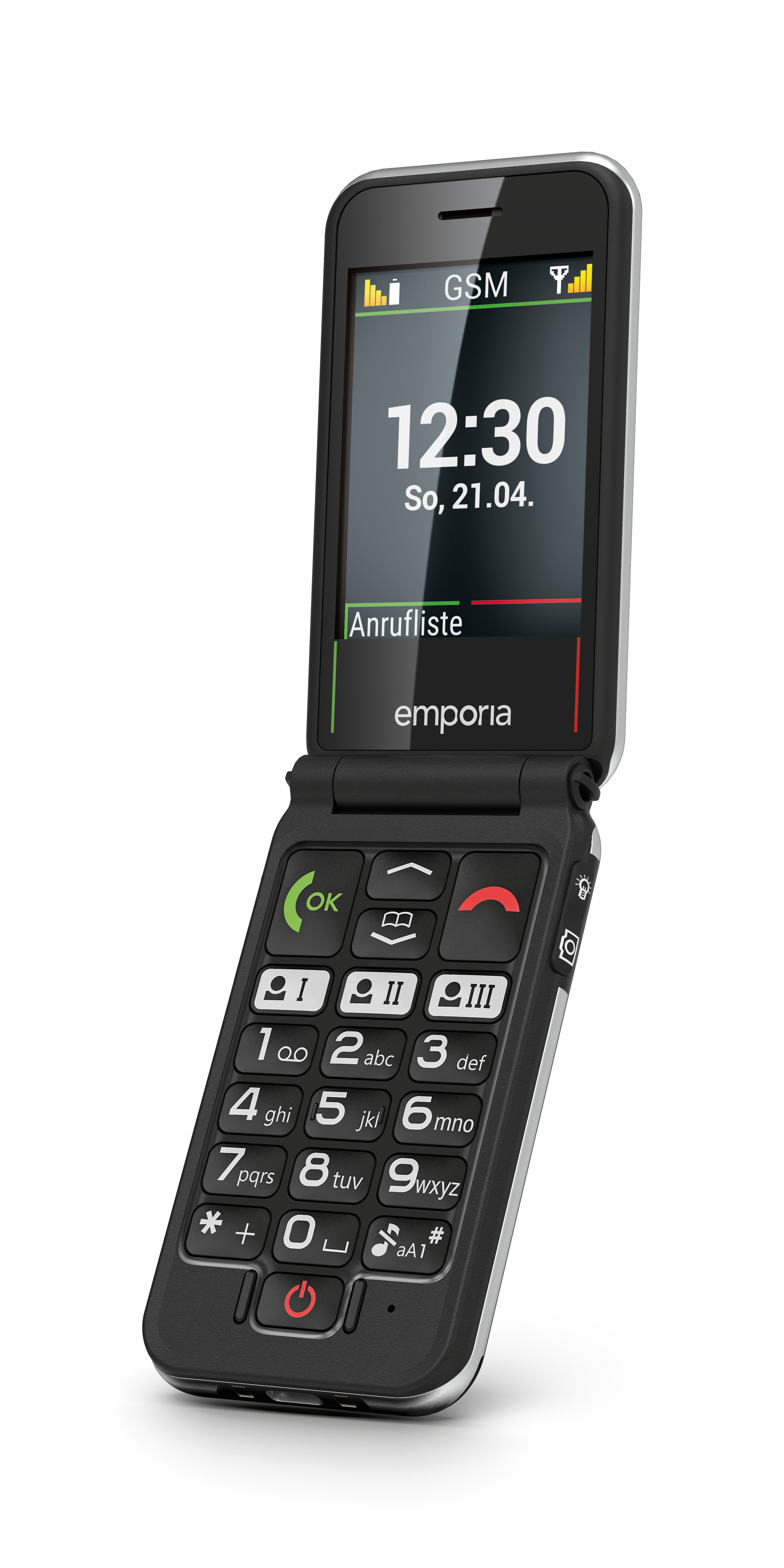 Teléfono plegable negro abierto, mostrando hora, fecha y registro de llamadas. Botones grandes, botón rojo.
