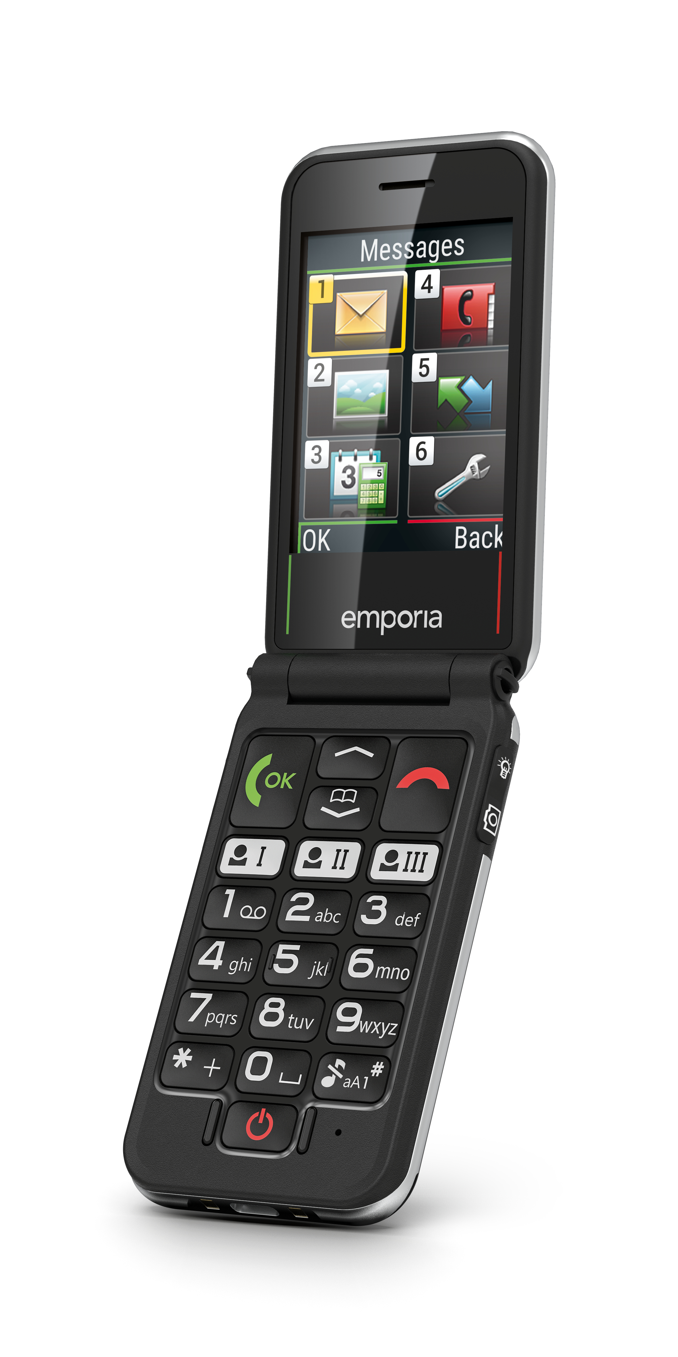 Un teléfono plegable negro con botones grandes, que muestra una pantalla de 'Mensajes'. El teléfono está abierto, mostrando varios iconos de aplicaciones.