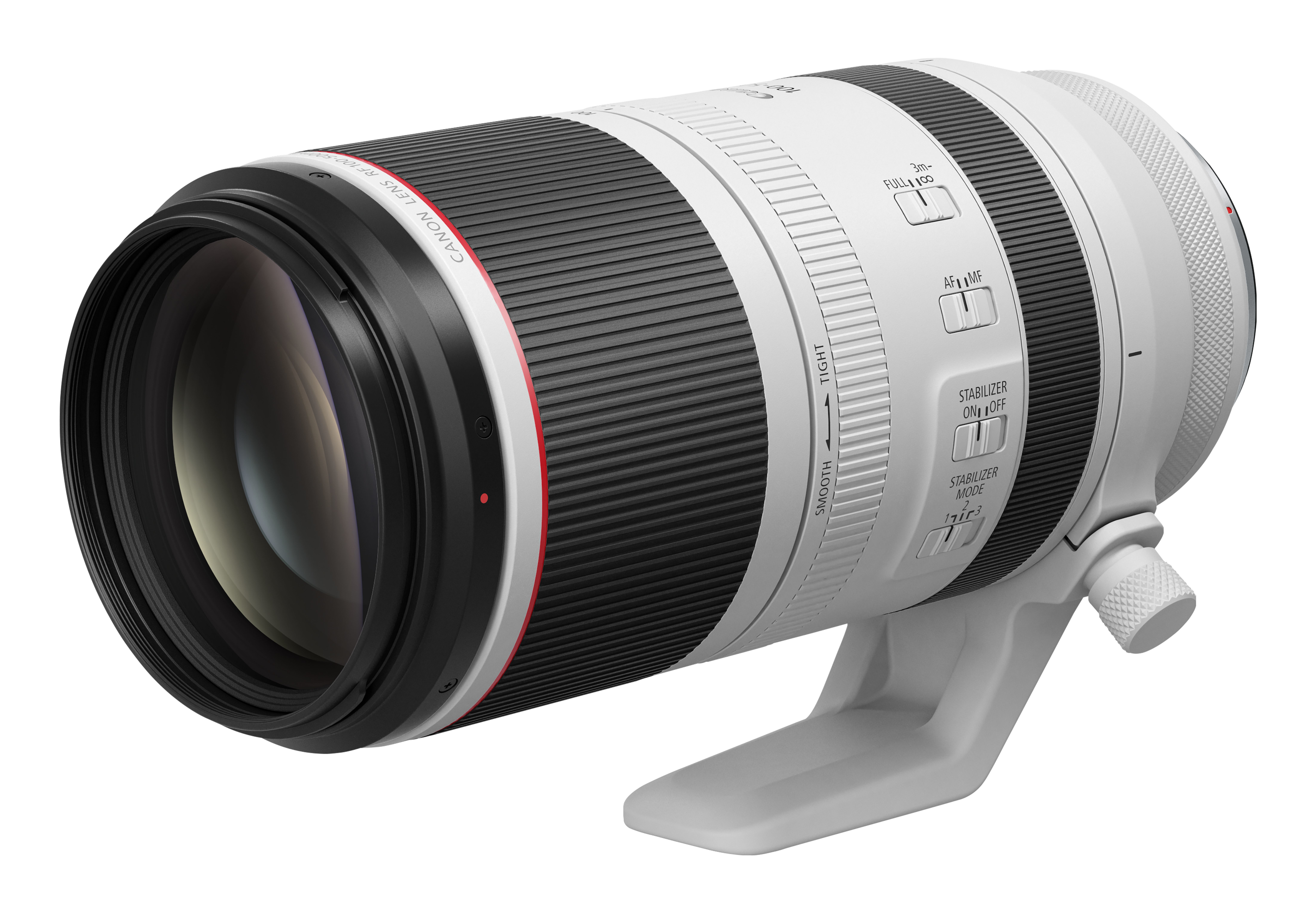 A Canon RF 100-500mm lens. It is white and black with control dials and a mounting bracket.