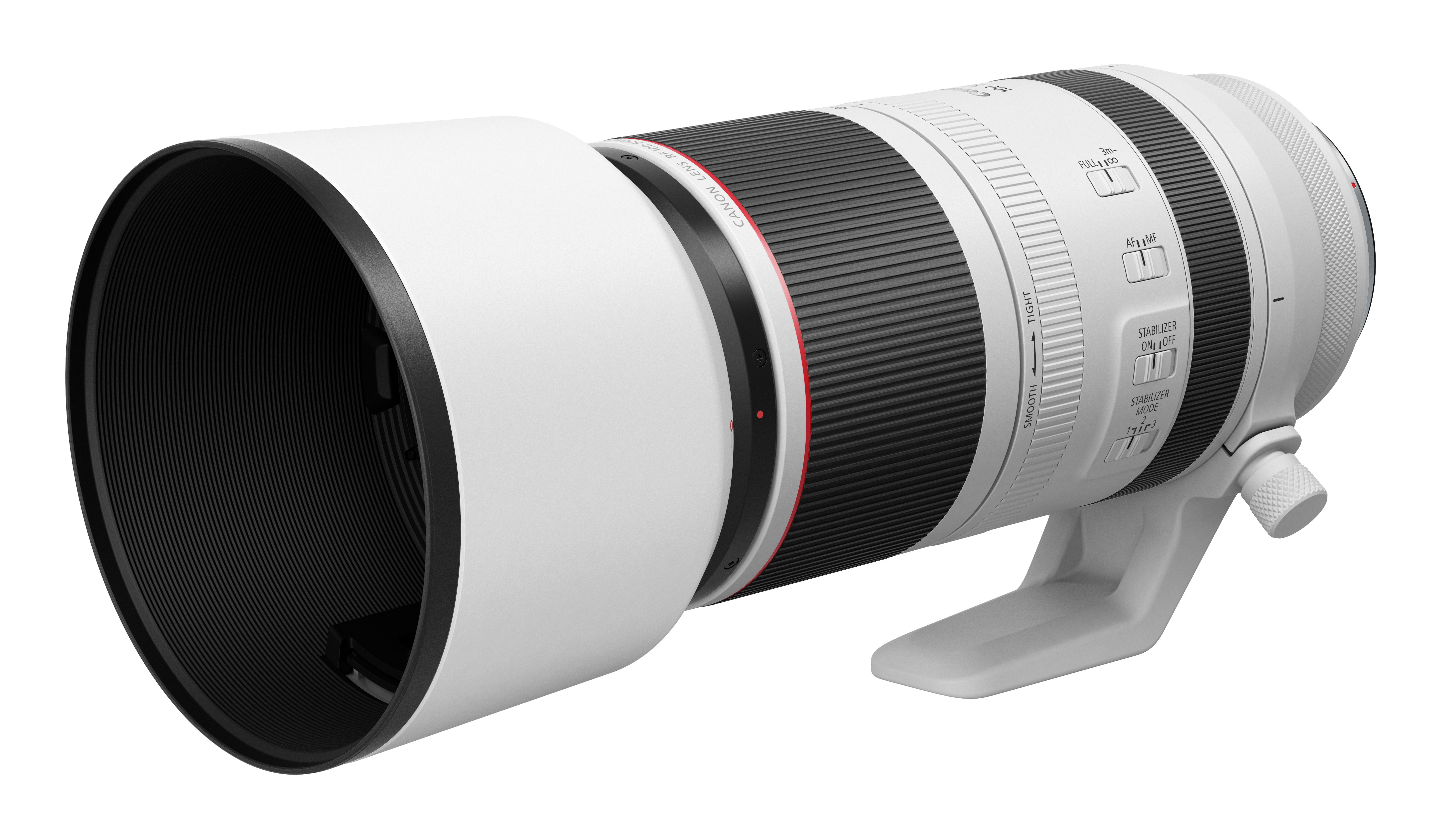 A white and black Canon lens with a lens hood. It has several control buttons and a stand. The background is white.