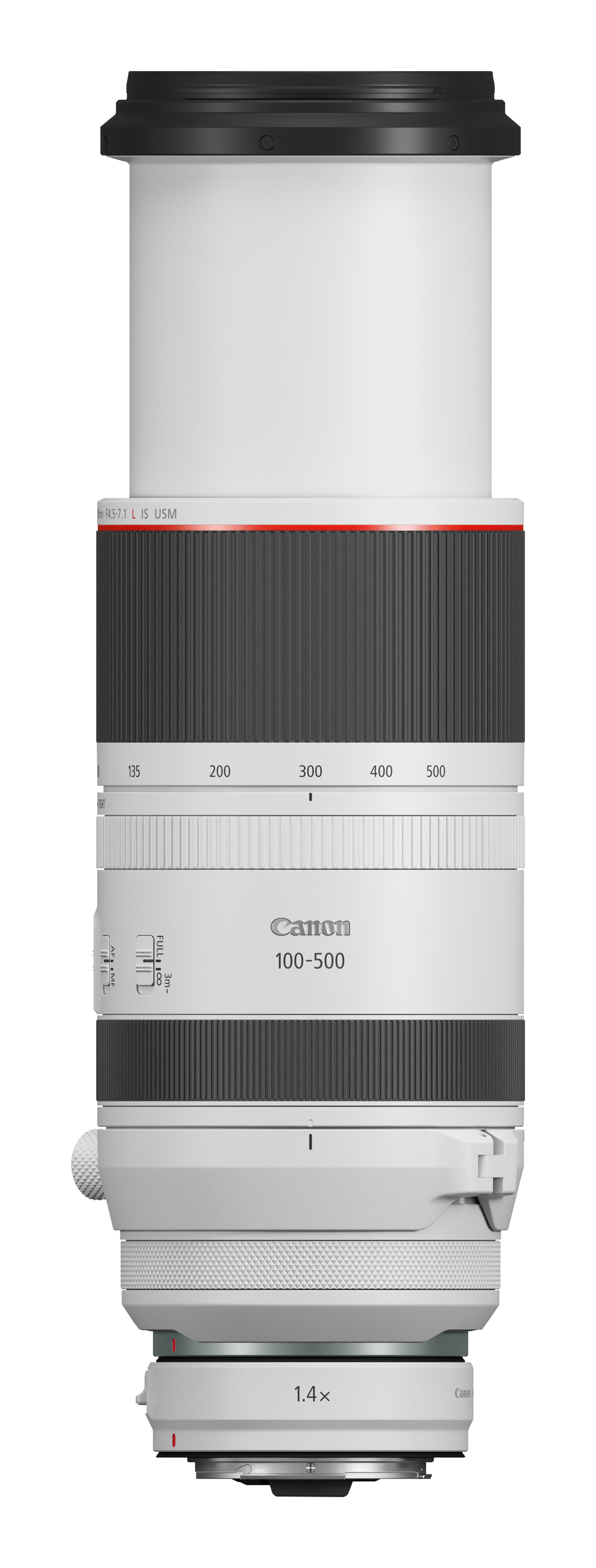 A Canon 100-500mm lens. The lens is white, with black and gray details. It has numbers and markings for adjustment.