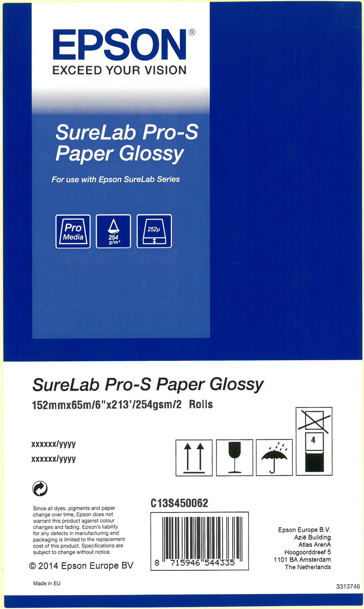 Epson SureLab Pro-S Paper Glossy Box. Mit Epson-Logo, Produktinfo und Warnhinweisen. Barcode ist ebenfalls sichtbar.