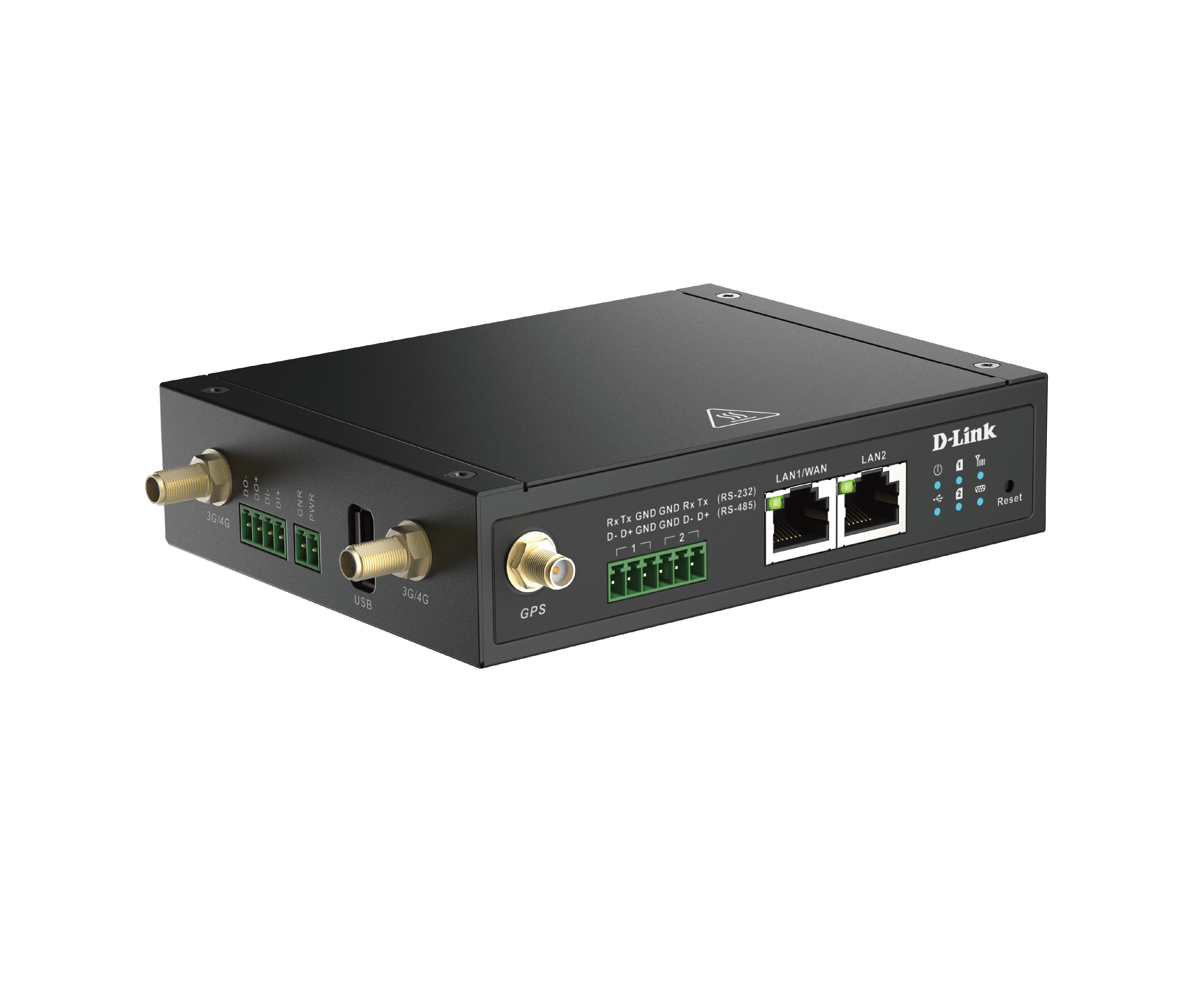 Schwarzer D-Link-Router mit Antennenanschlüssen, Ethernet-Ports und Kontrollleuchten, freigestellt auf Weiß.