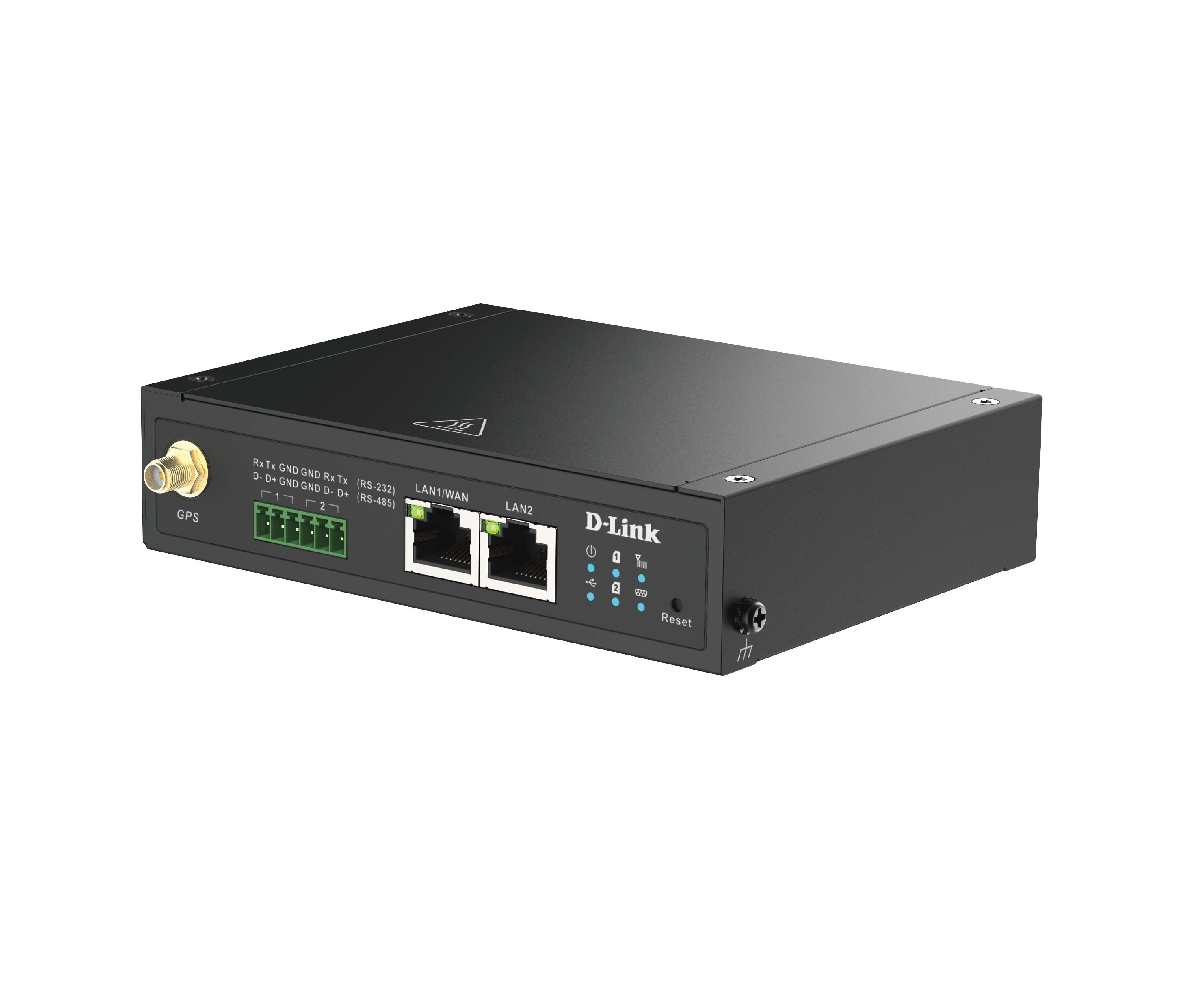 Ein schwarzer D-Link-Router. Es hat Anschlüsse, Lichter und eine Reset-Taste. Ein GPS-Antennenanschluss ist sichtbar.