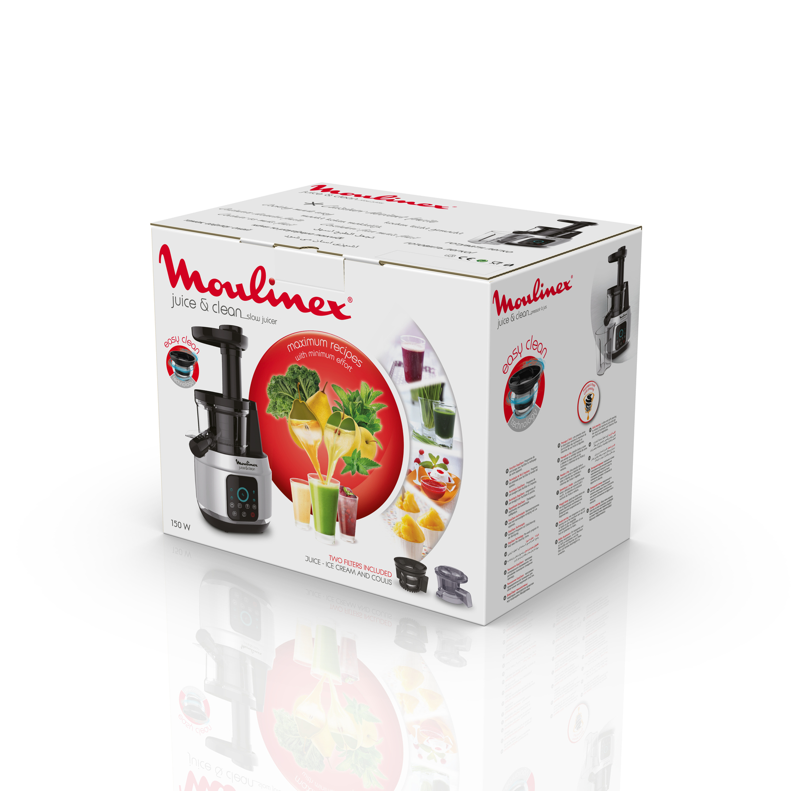 Una caja de exprimidor lento Moulinex. Cuenta con el exprimidor, vasos de jugo y frutas.