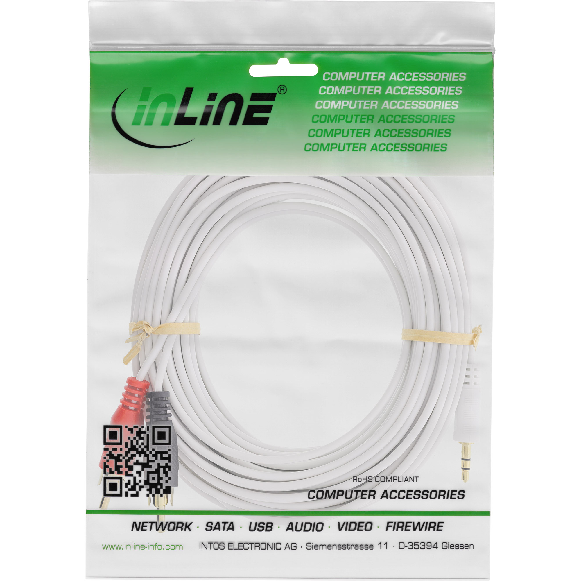 Weißes Kabel aufgerollt in Plastikverpackung. Rote und graue Stecker sind sichtbar. Grüne und weiße Verpackung.