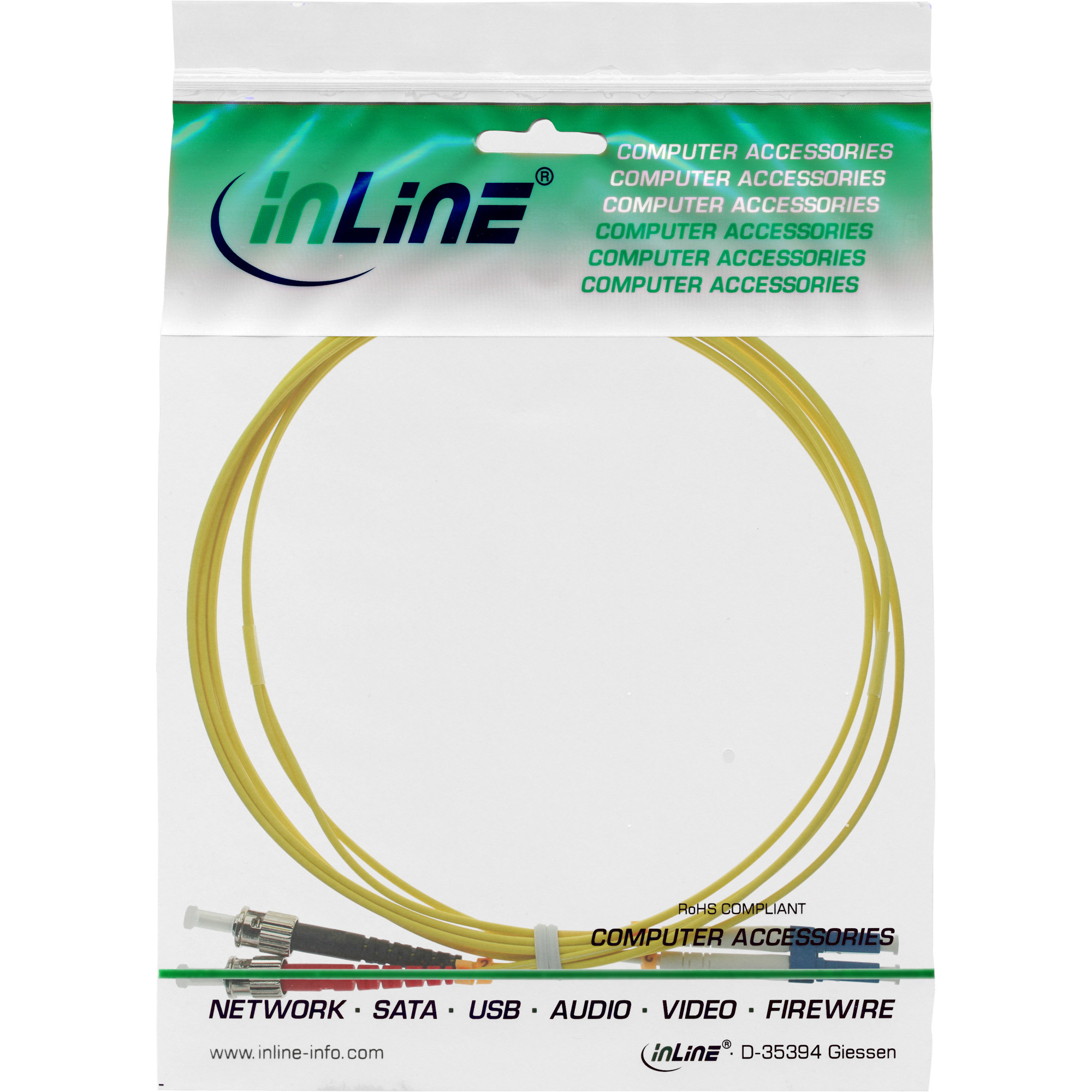 Paket mit gelbem Kabel. Markenname ist inLine. Text: Computerzubehör. RoHS-konform.