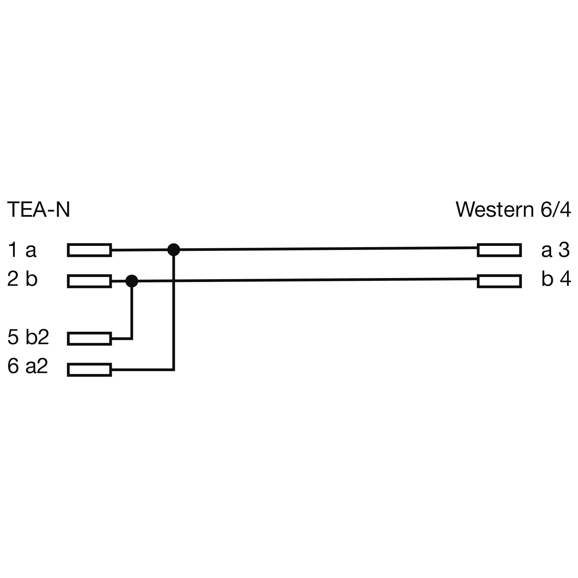 Das Diagramm zeigt die TEA-N- und Western 6/4-Verdrahtung mit beschrifteten Verbindungspunkten und Linien auf weißem Hintergrund.