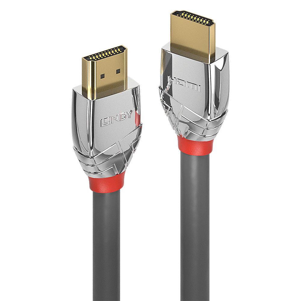 Due cavi HDMI su sfondo bianco. Hanno connettori dorati, custodie argentate, dettagli rossi e cavi grigi.